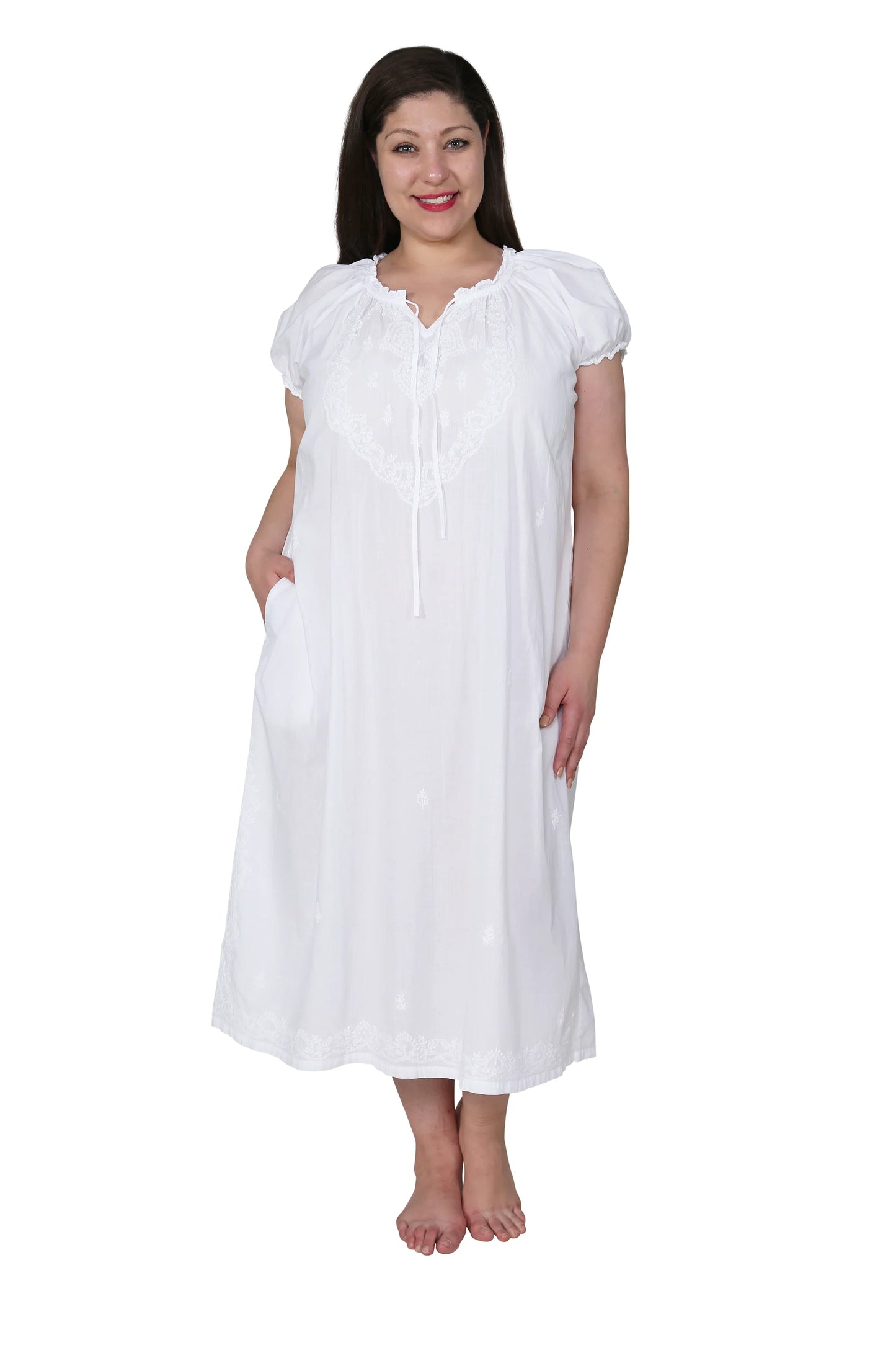 La Cera Embroidered Gathered Short Sleeve Gown - La Cera