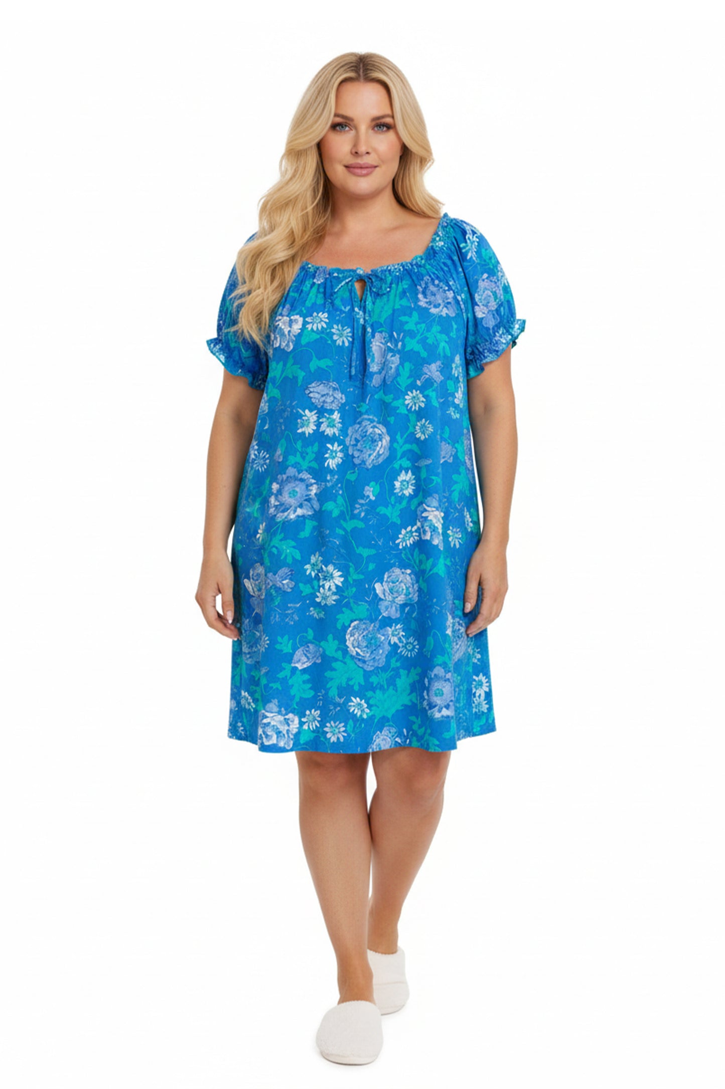 La Cera Plus Size Drawstring Neckline Floral Chemise