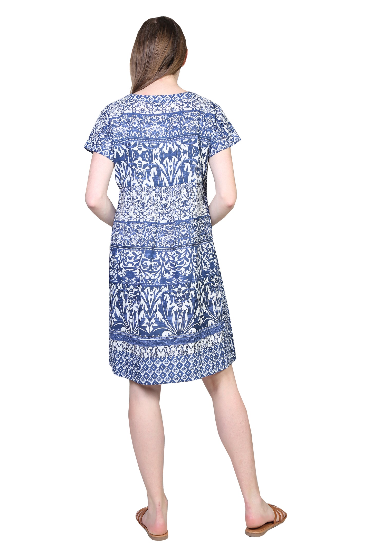 La Cera Short Sleeve Indigo Print Cotton Chemise - La Cera