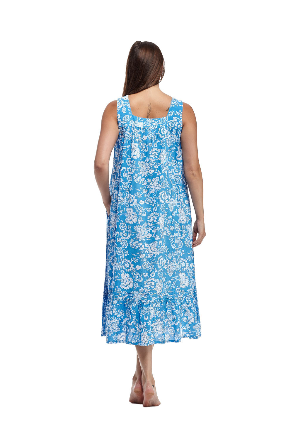 Plus size 100% Cotton Lace Trim Flounce Gown Blue Toile Print - La Cera