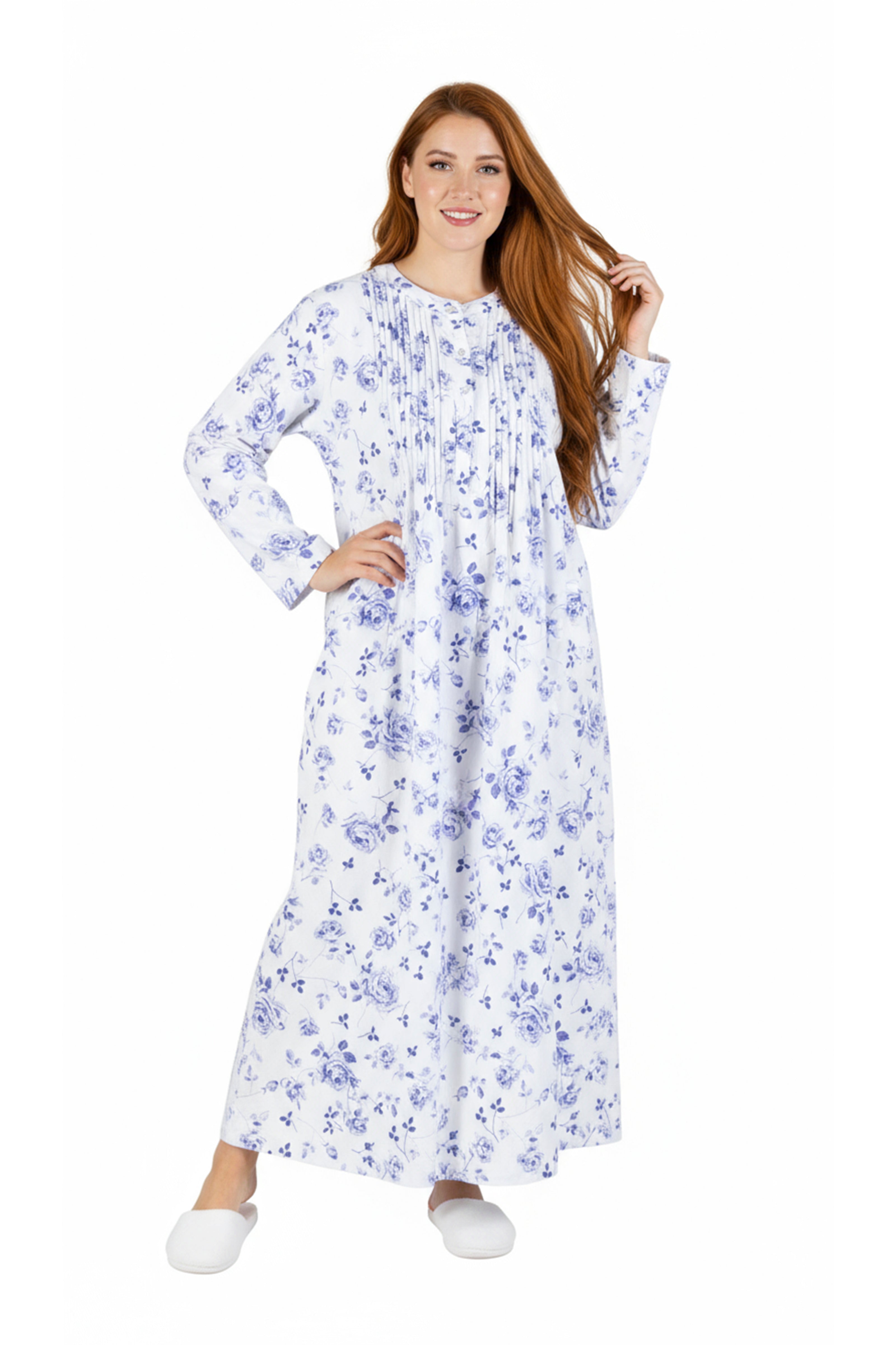 Plus Size Printed Flannel Nightgown With Release Pleats - La Cera
