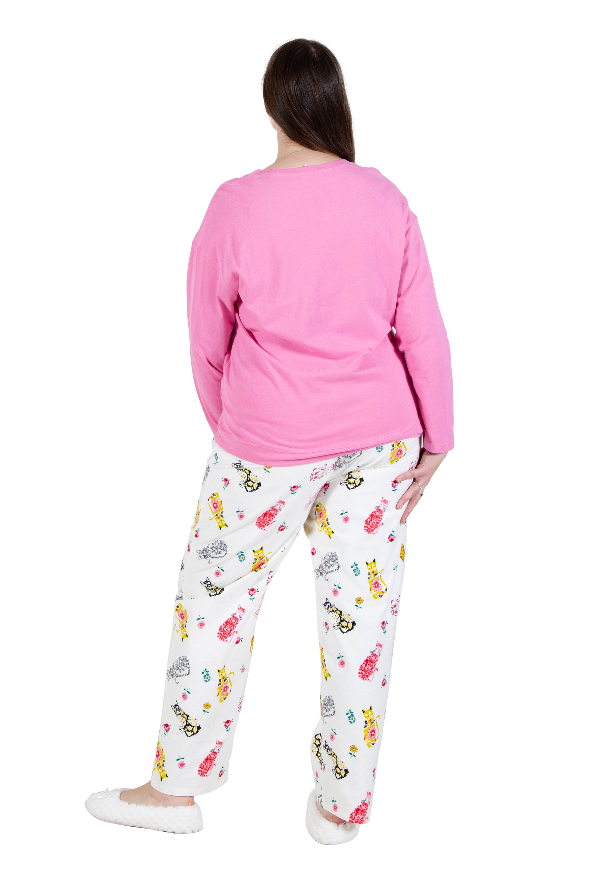 Pink Flannel Cat Print Plus Size Pajama Set - La Cera