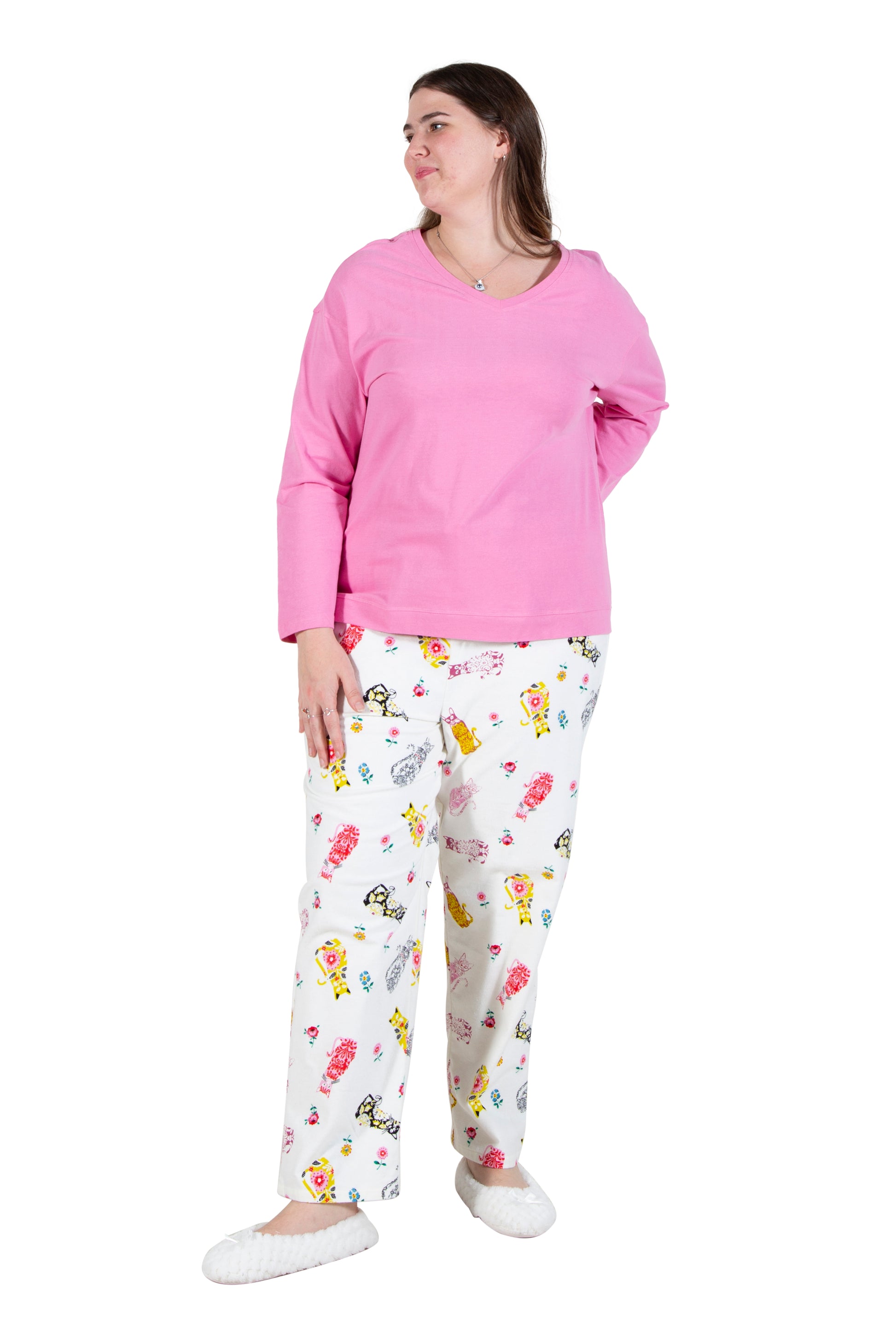 Pink Flannel Cat Print Plus Size Pajama Set - La Cera