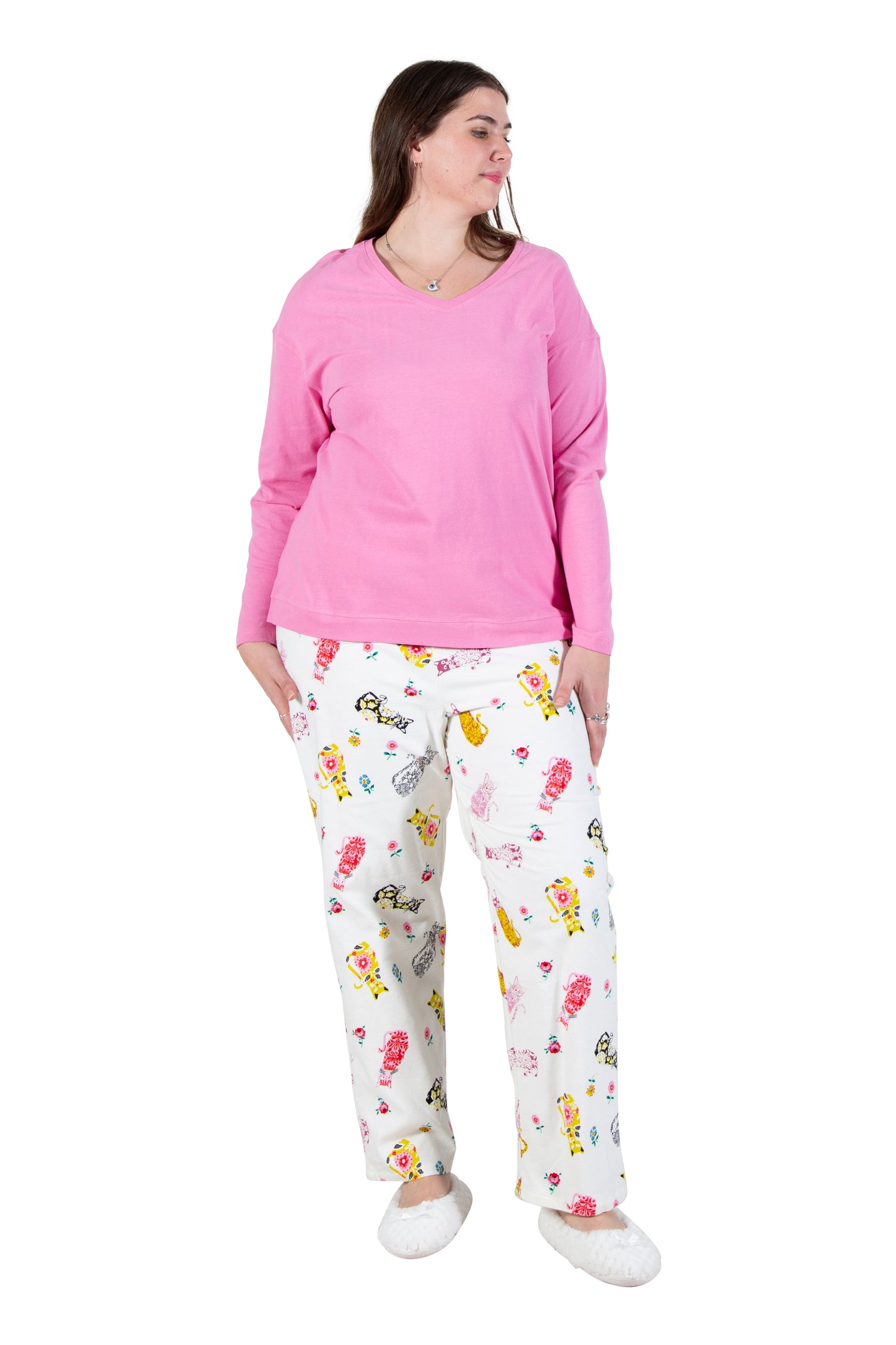 Pink Flannel Cat Print Plus Size Pajama Set - La Cera