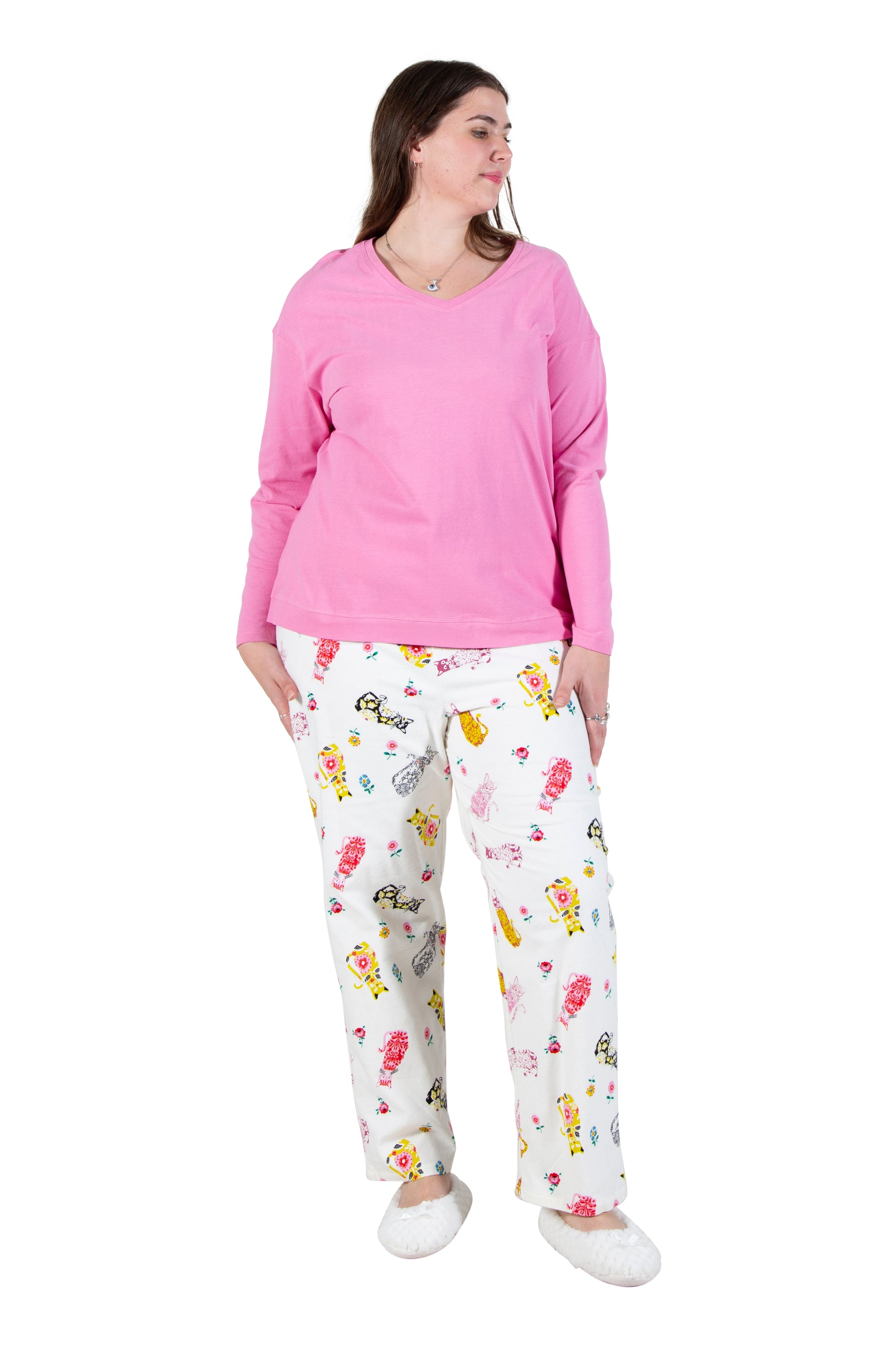 Pink Flannel Cat Print Plus Size Pajama Set - La Cera