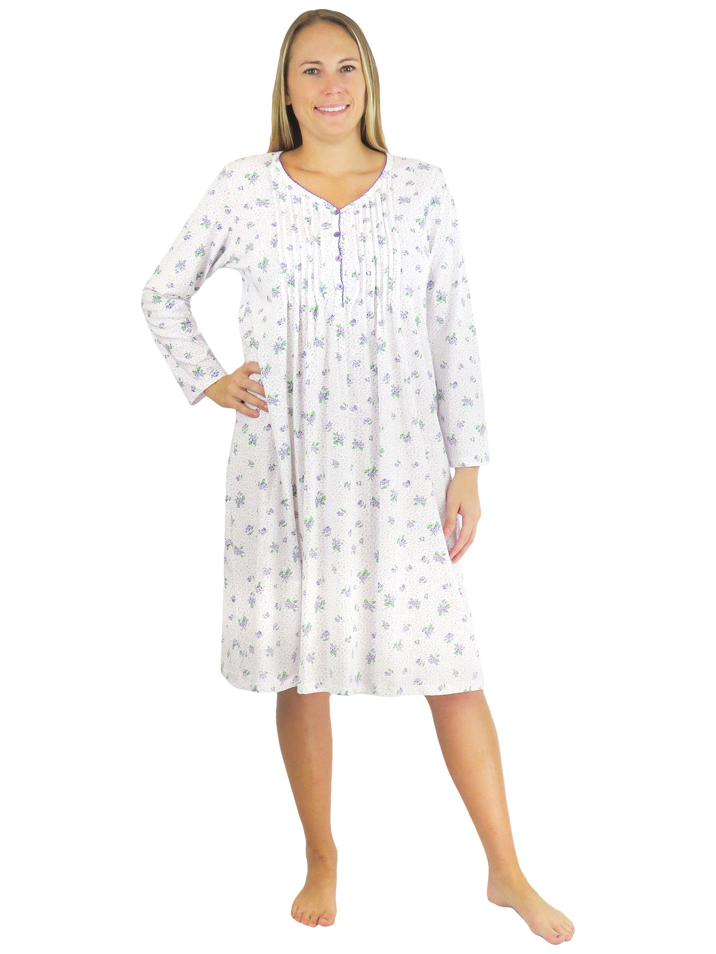 La Cera Lilac Floral Print Cotton Knit Gown - La Cera