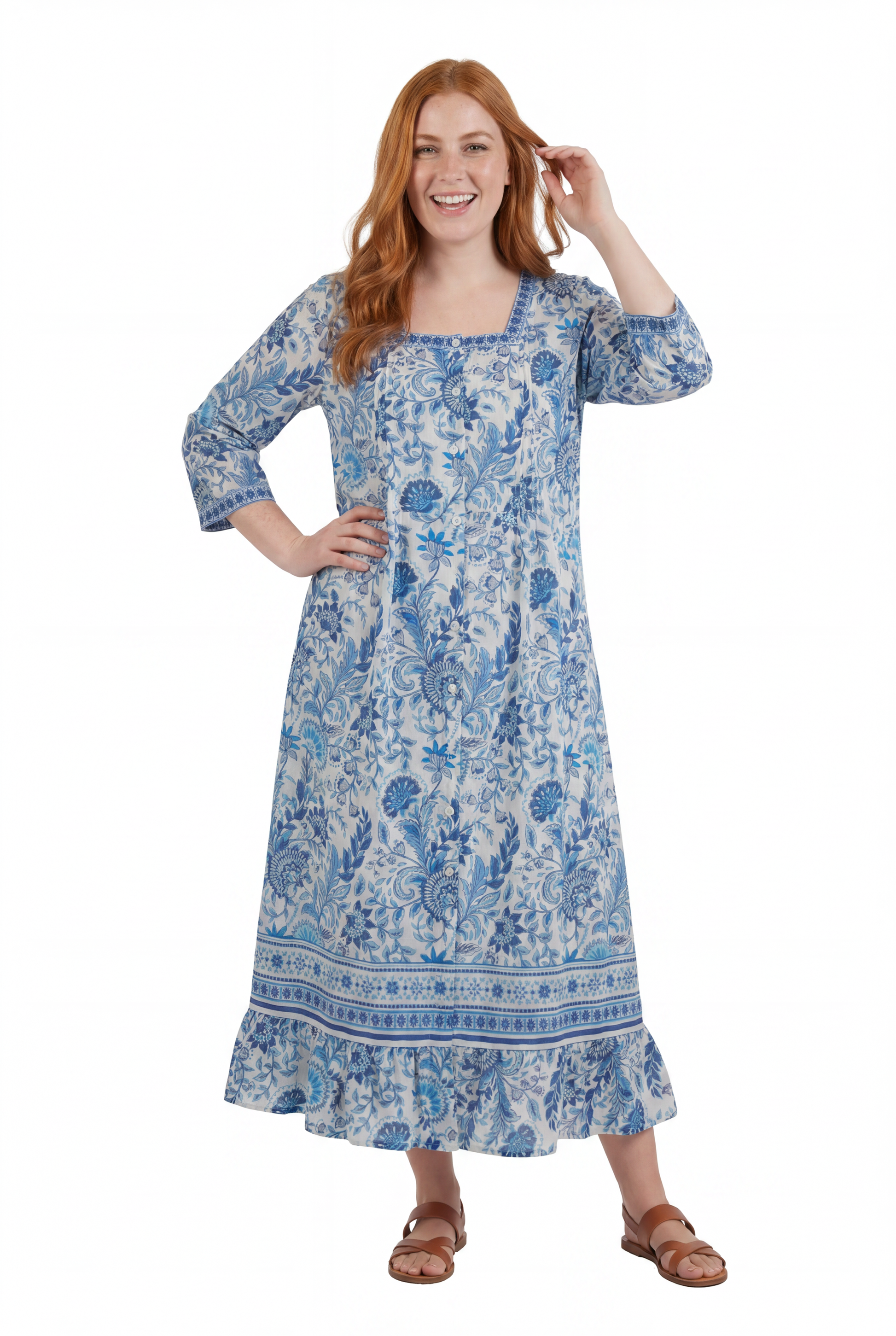 La Cera 3/4 Sleeve Square Neck Tier Dress - La Cera