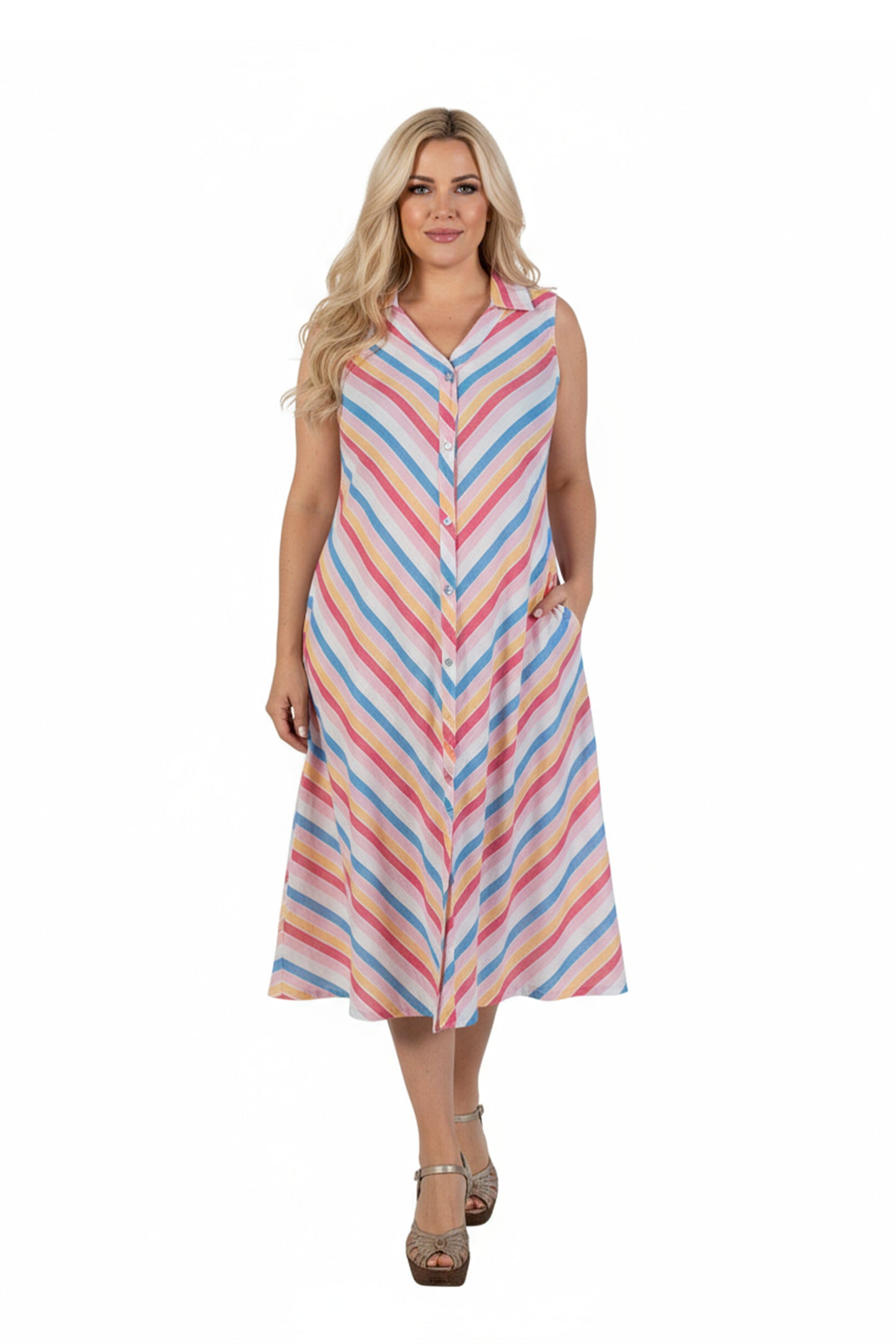 La Cera Plus Size Stripe Snap Front Sleeveless Cotton Dress