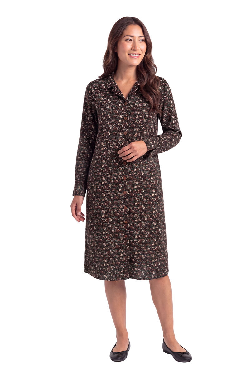 La Cera Long Sleeve Floral Button Notch Collar Short Dress