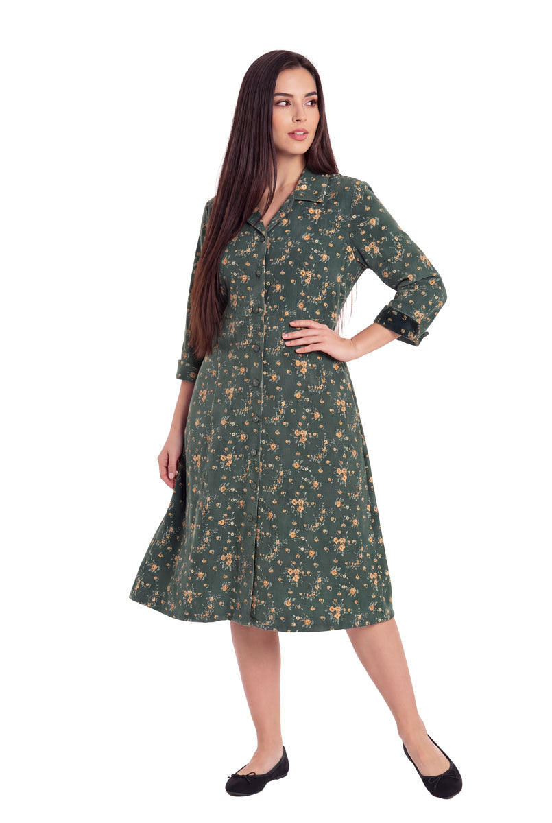 La Cera Long Sleeve Floral Button Notch Collar Short Dress