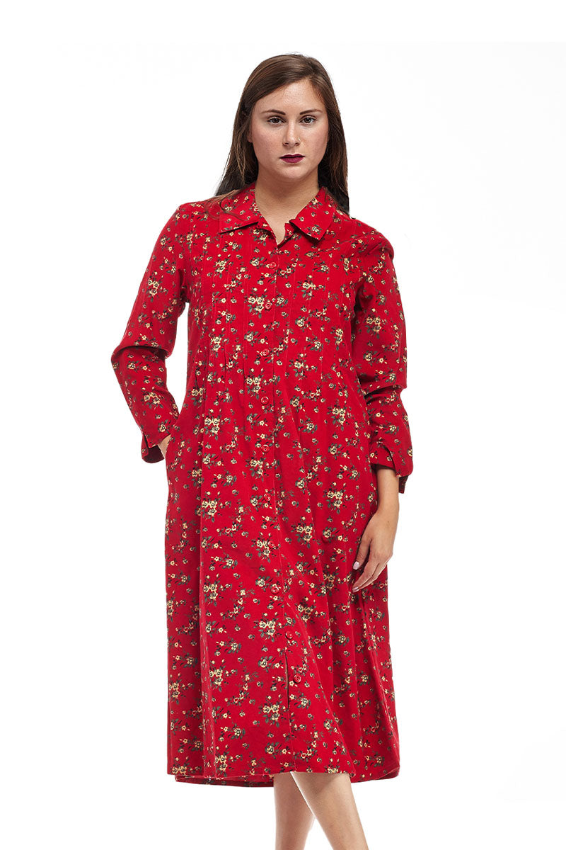 La Cera Long Sleeve Floral Button Tuck Front Dress - La Cera