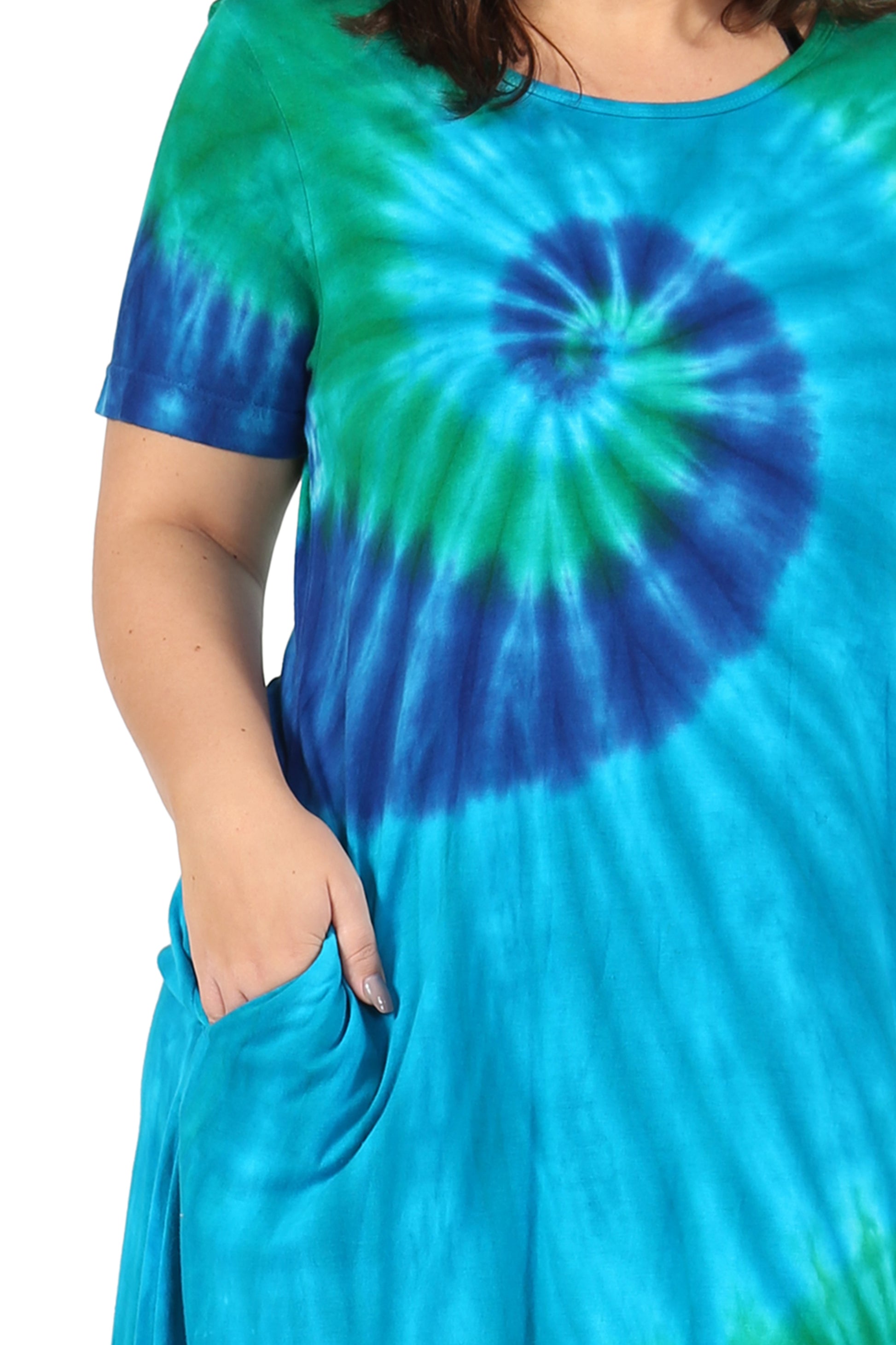 La Cera Cotton Knit Short Sleeve Blue Turquoise Tie-Dye Dress - La Cera