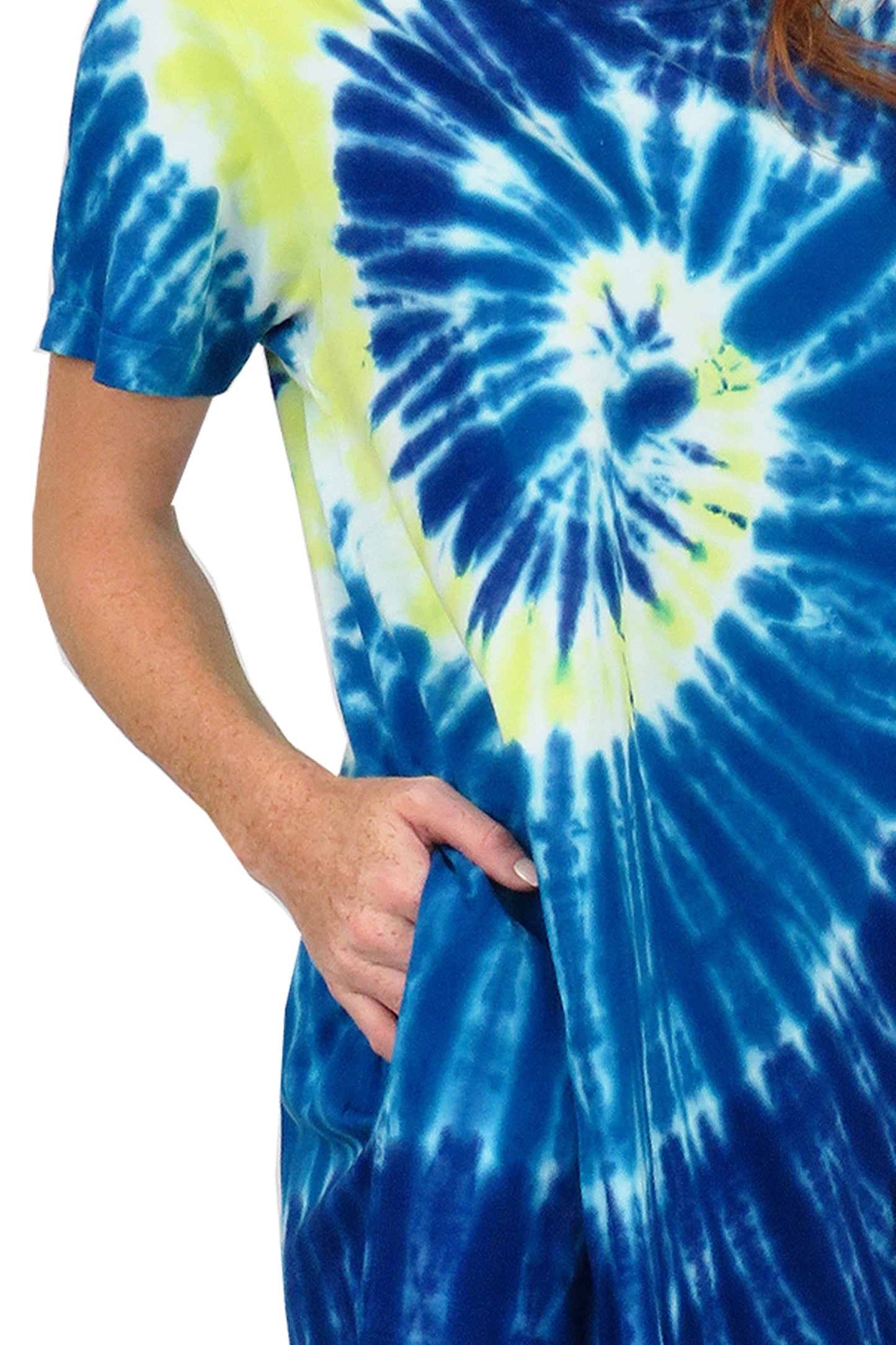 La Cera Cotton Knit Short Sleeve Blue Yellow Tie-Dye Dress - La Cera