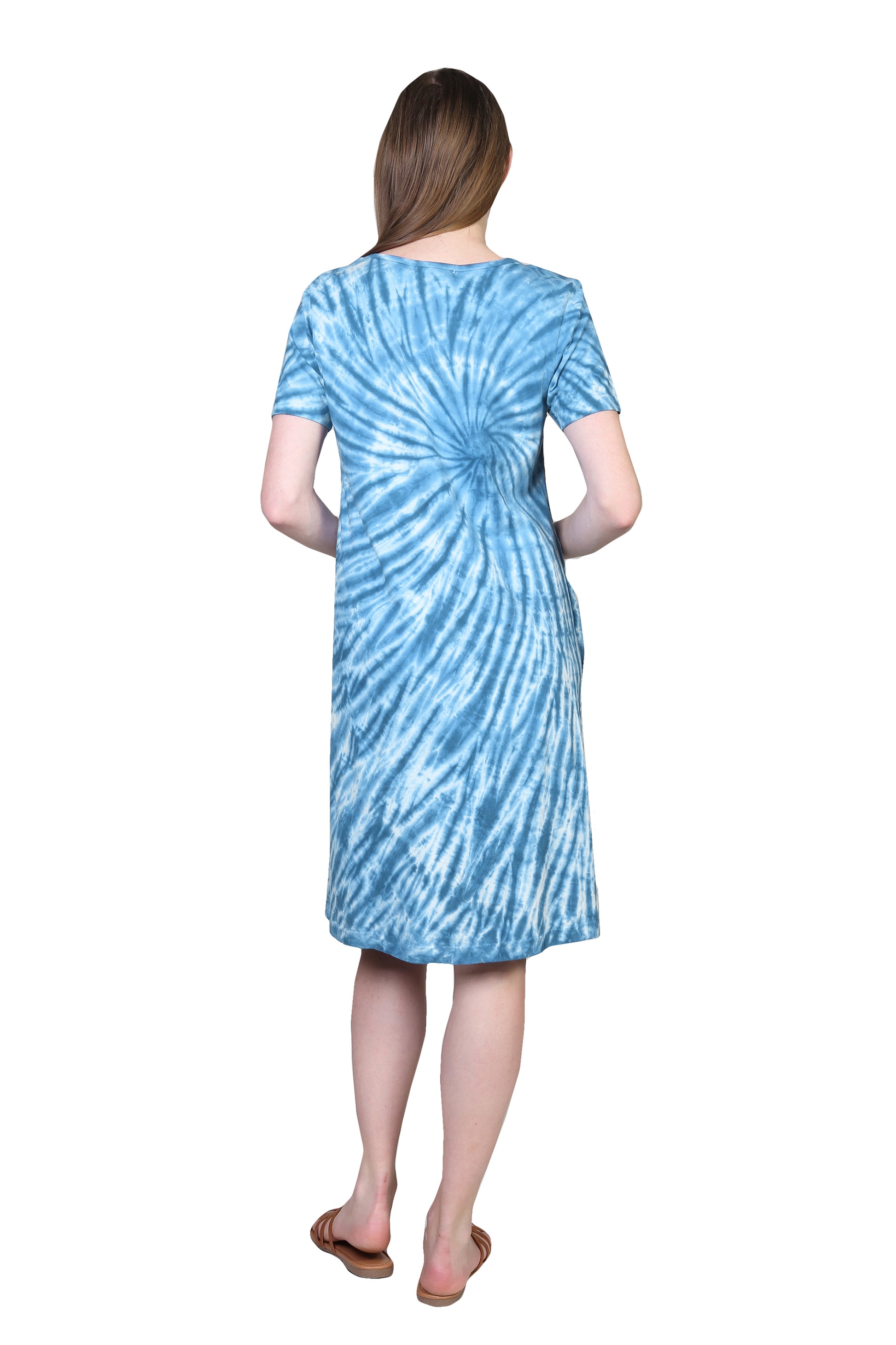 La Cera Cotton Knit Short Sleeve Blue Tie-Dye Dress - La Cera