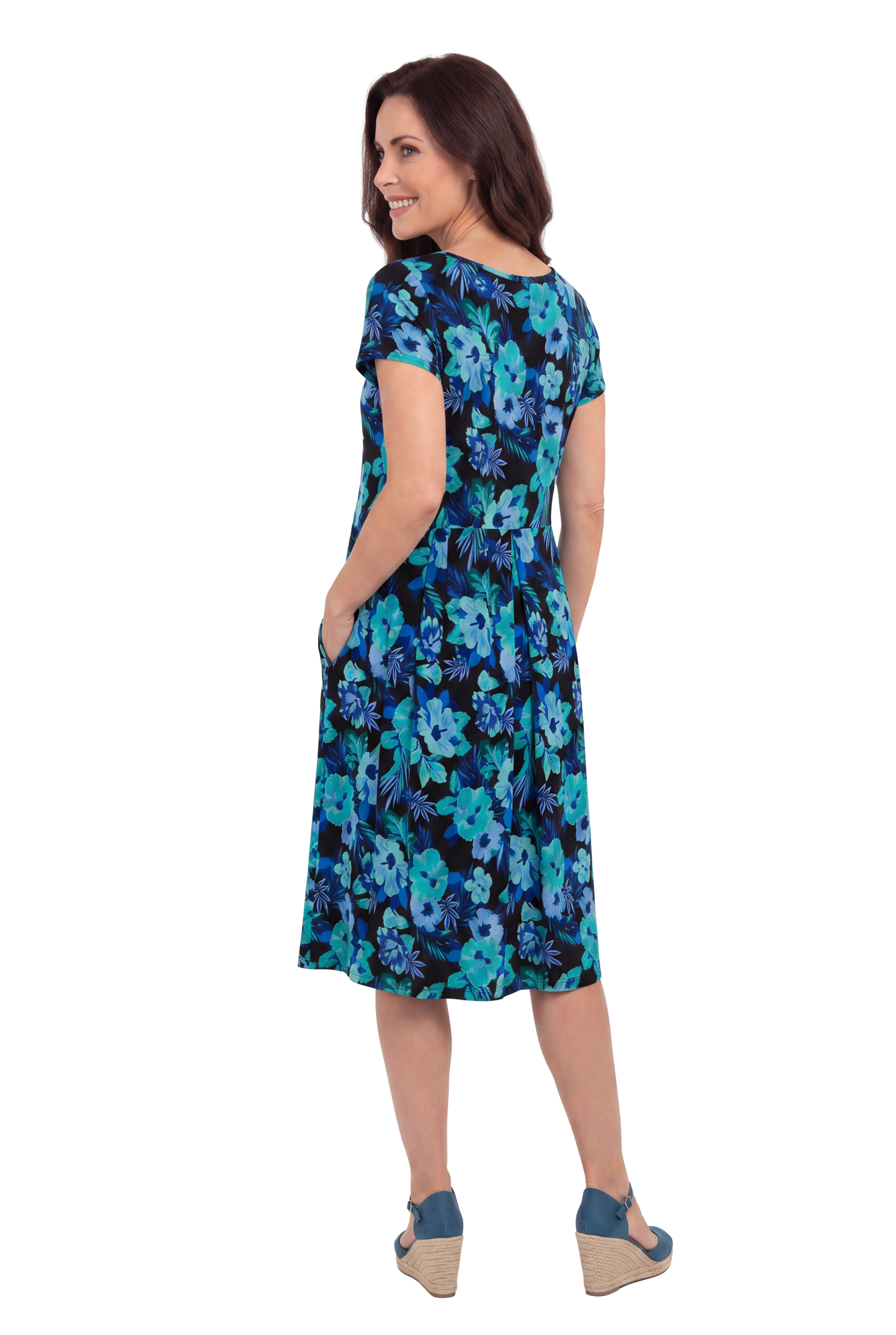 La Cera Tropical Blue Hibiscus Pleat Front Dress