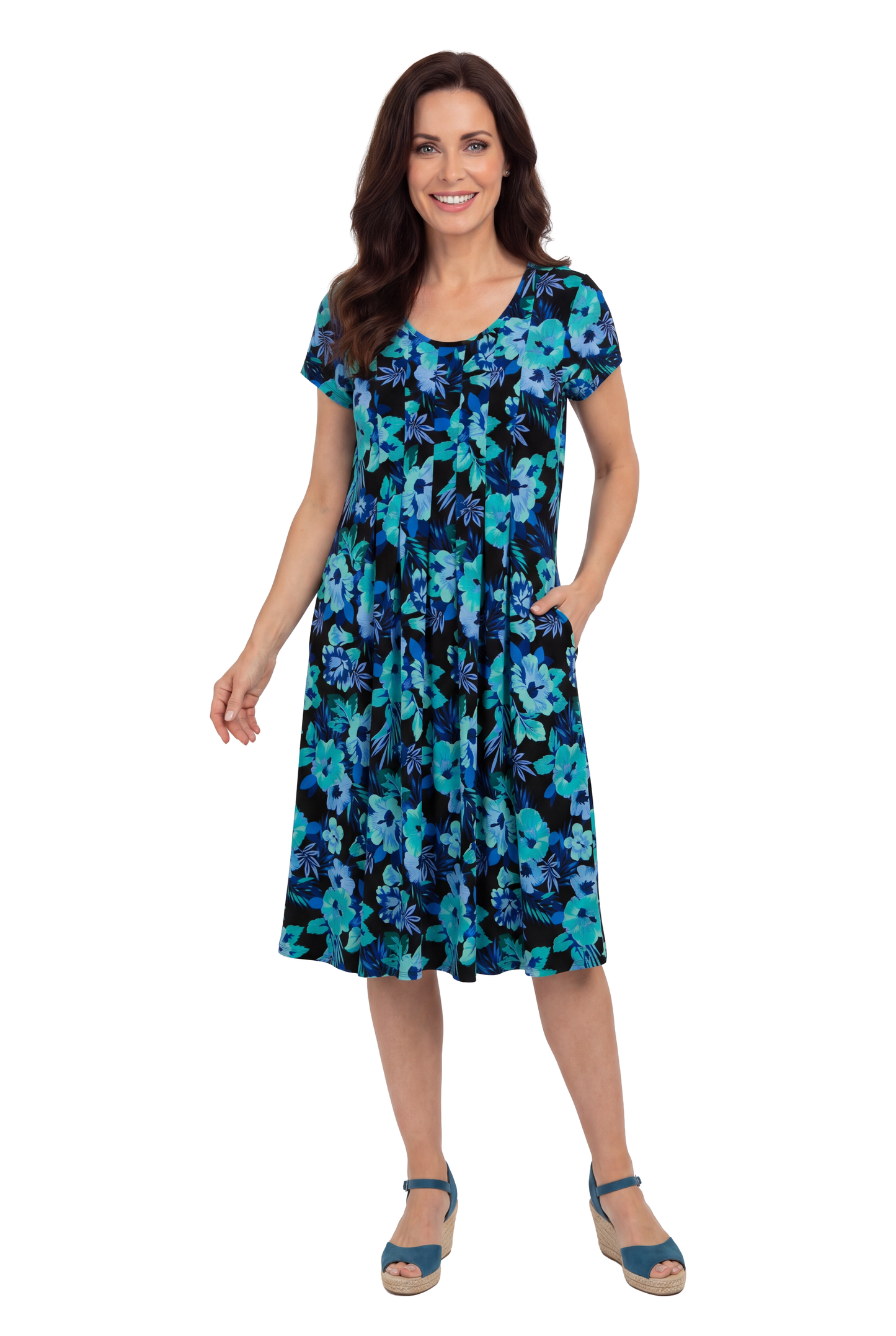 La Cera Tropical Blue Hibiscus Pleat Front Dress