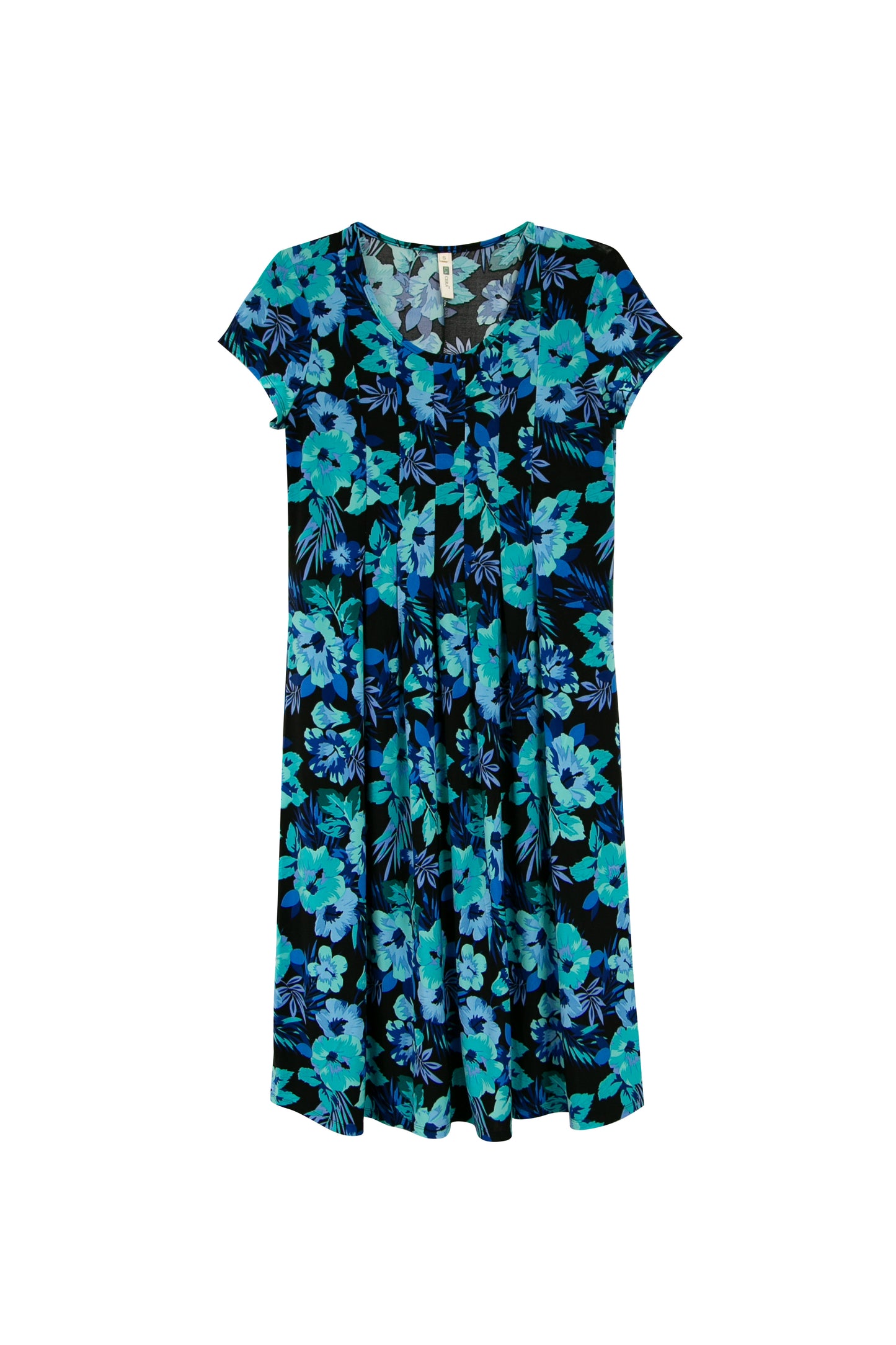 La Cera Tropical Blue Hibiscus Pleat Front Dress