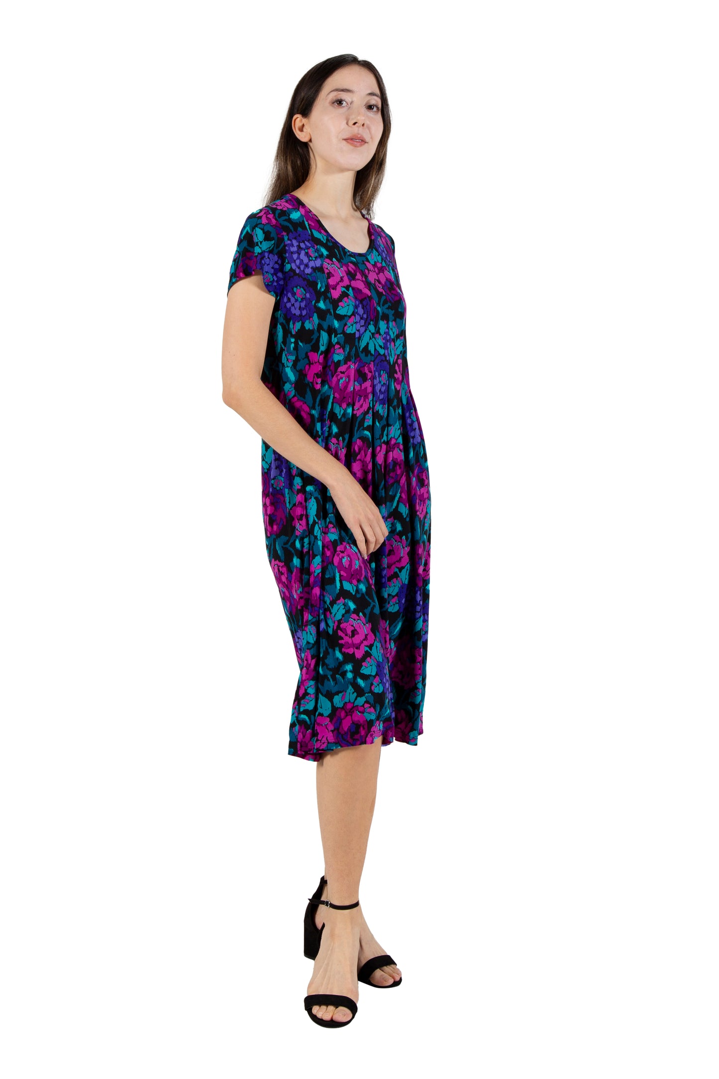 La Cera Impressionistic Floral Pleat Front Dress
