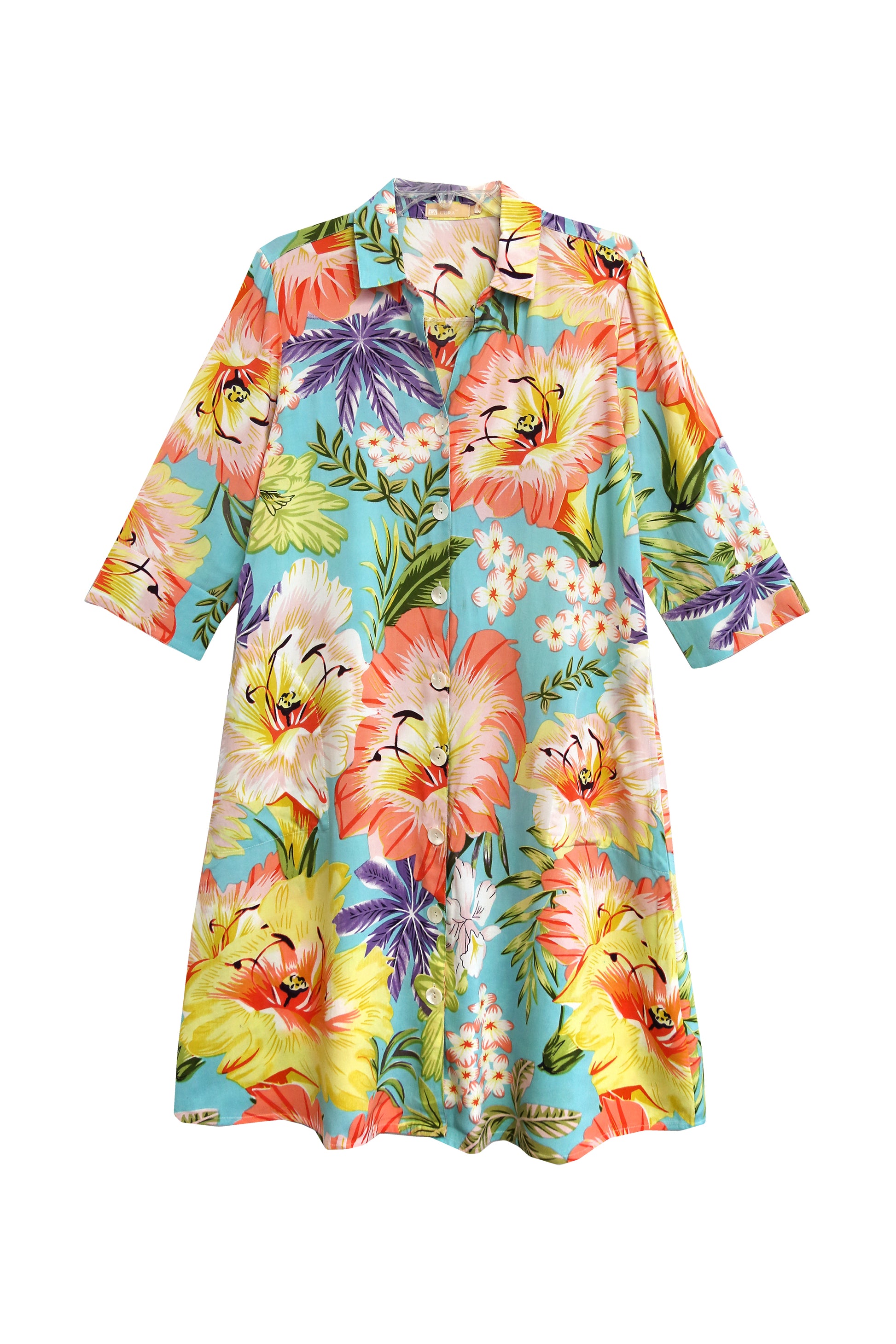 La Cera Tropical Floral Printed Button-Down Shirt Dress - La Cera