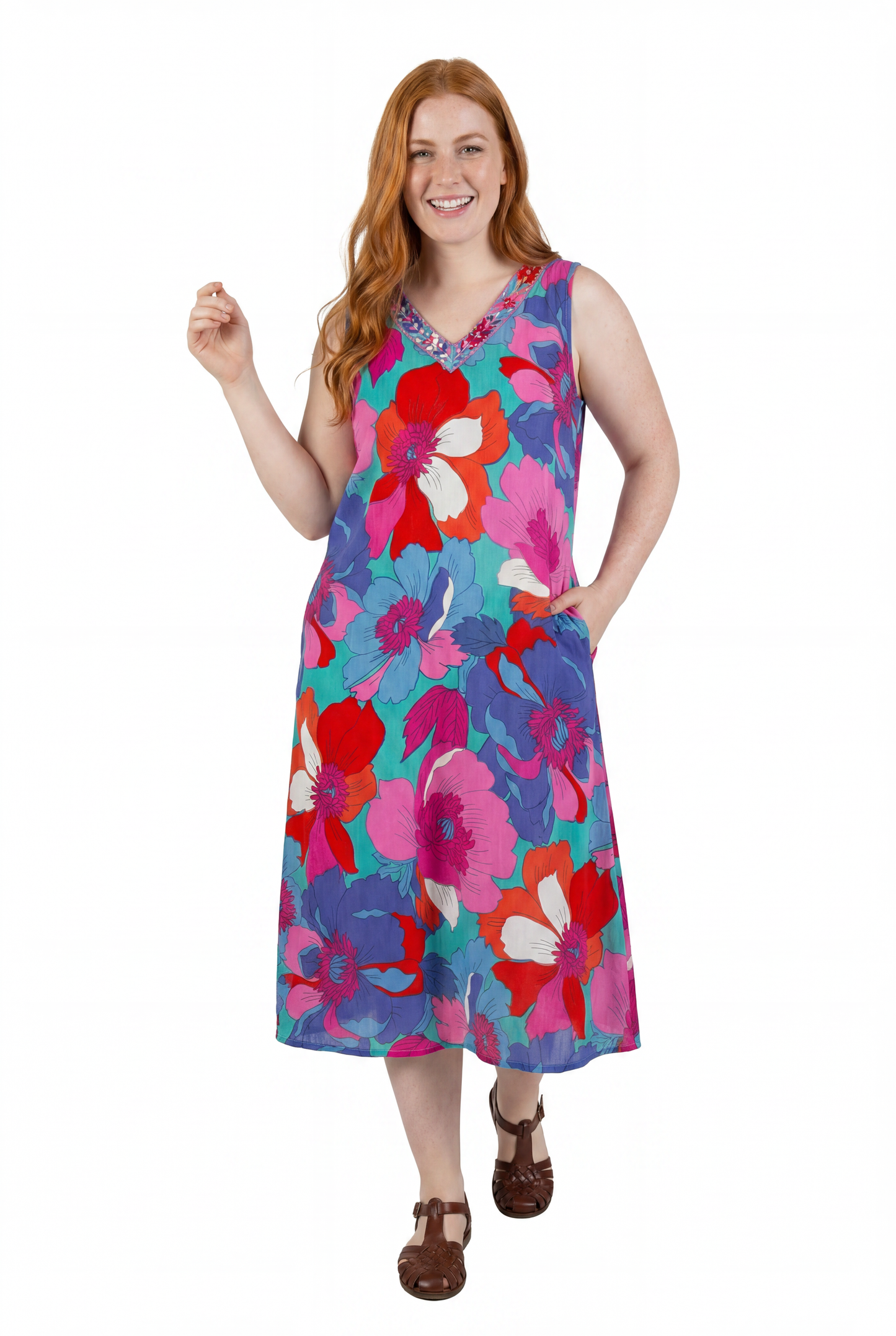 La Cera Sleeveless V-Neck Retro Floral Dress - La Cera