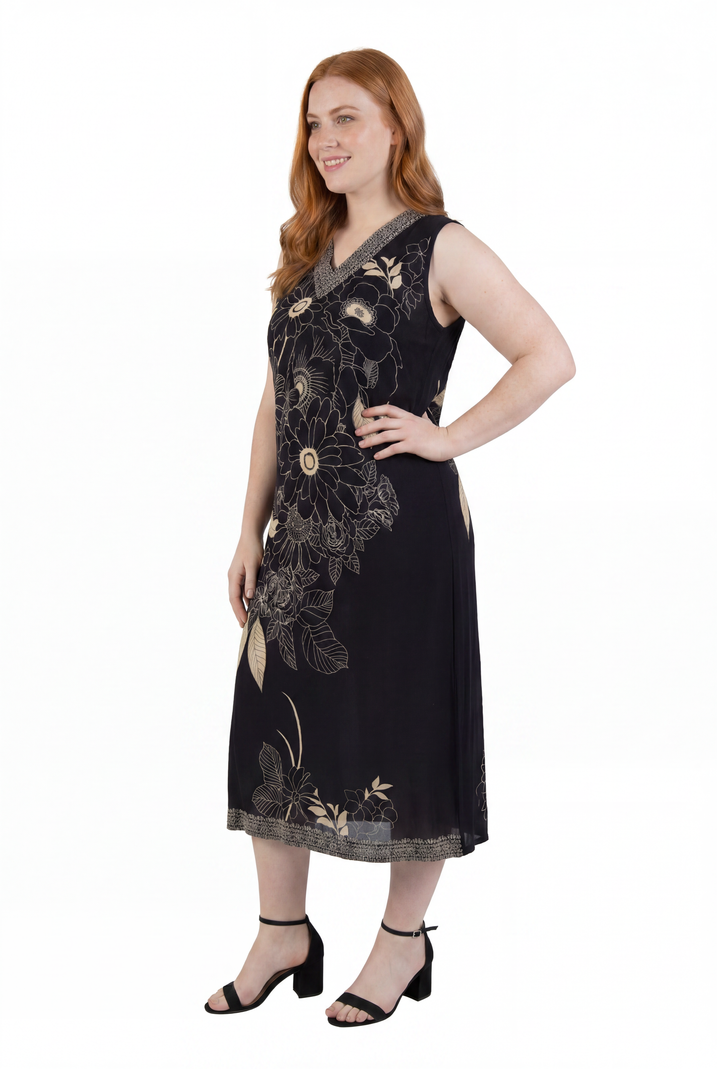 La Cera Sleeveless V-Neck Botanical Flower Dress - La Cera