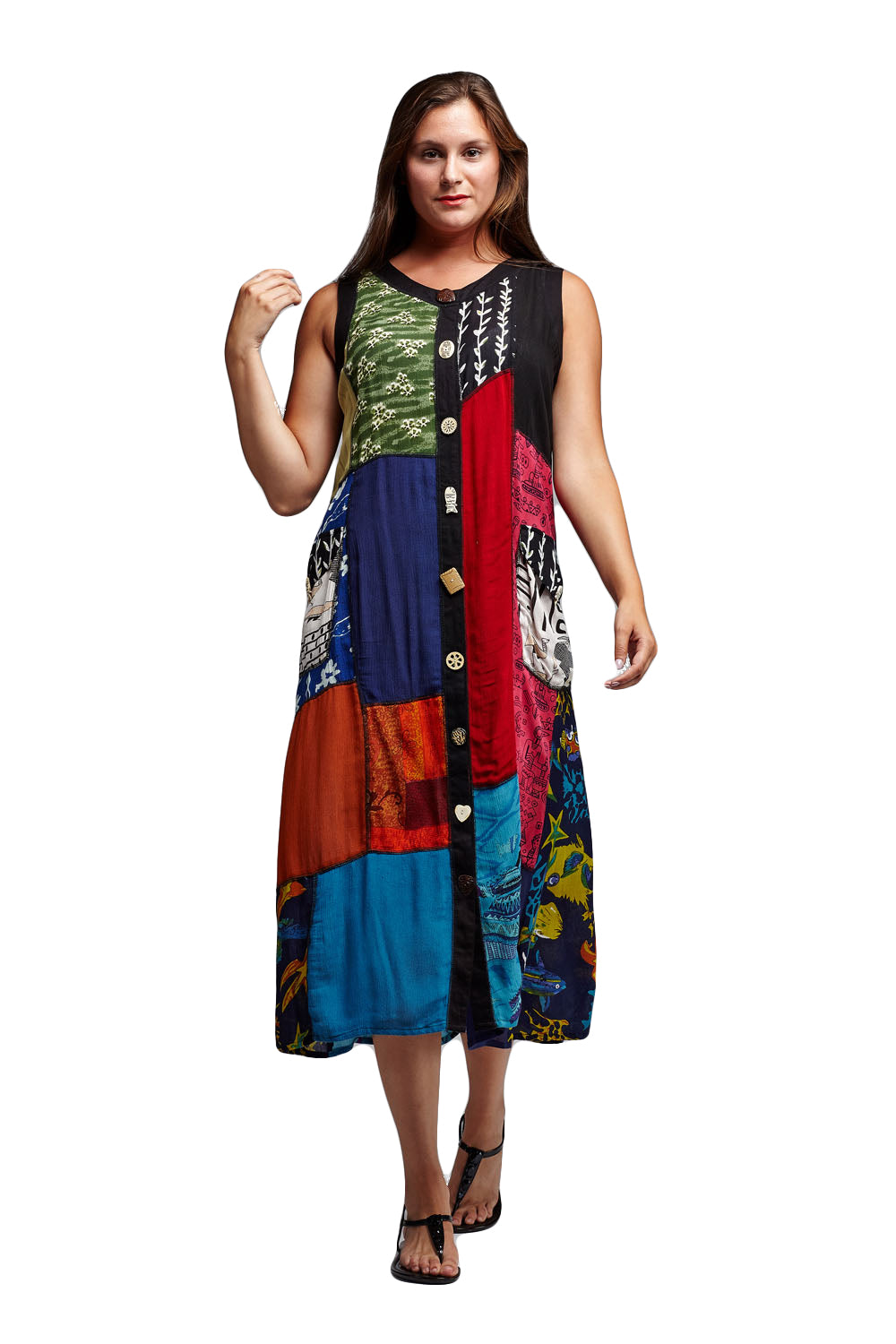 Novelty Button Patchwork Rayon Print Dress - La Cera