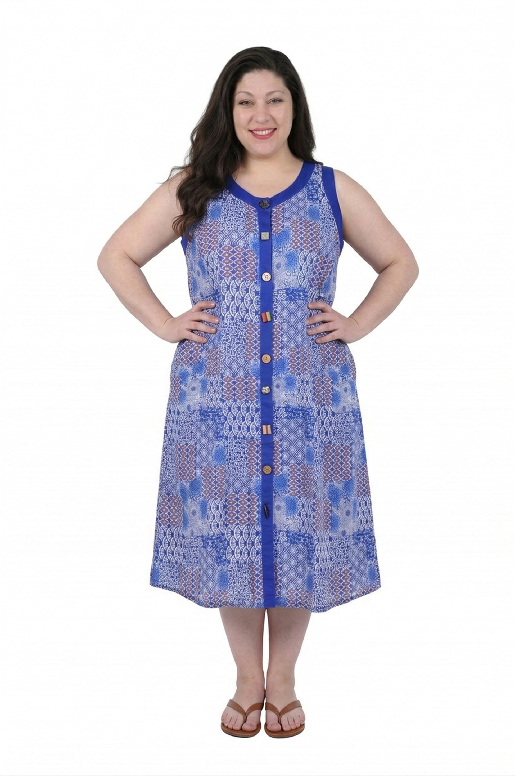 La Cera Blue Patchwork Plus Size Sleeveless Dress - La Cera