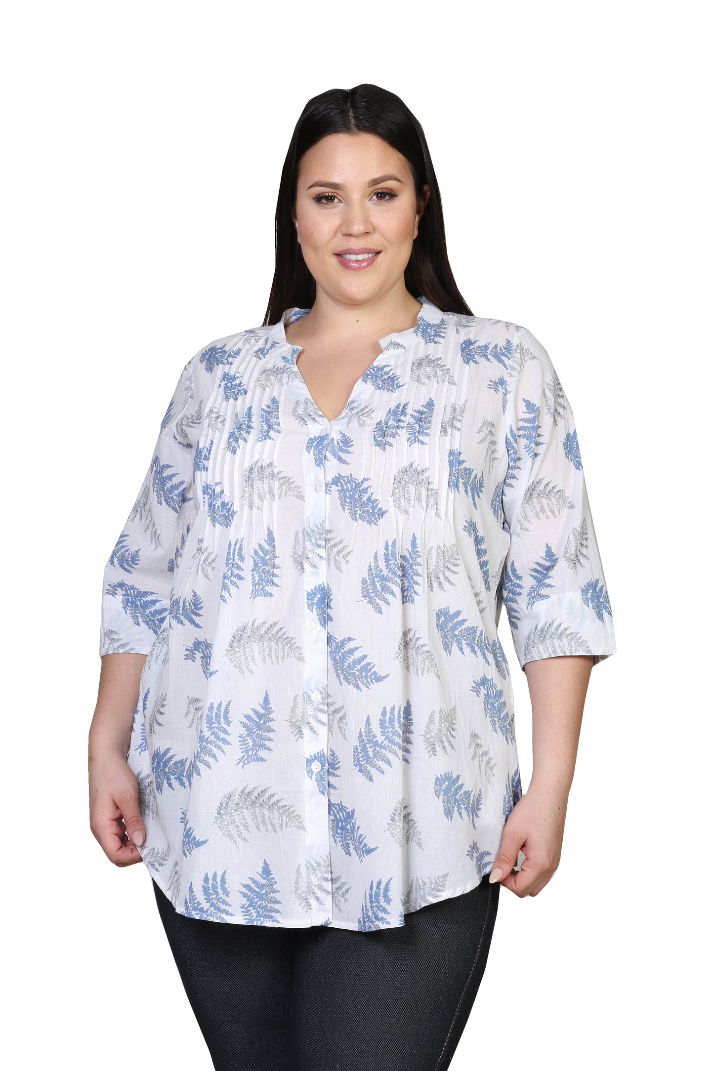 Pleat Front Printed Cotton Top - Plus Size