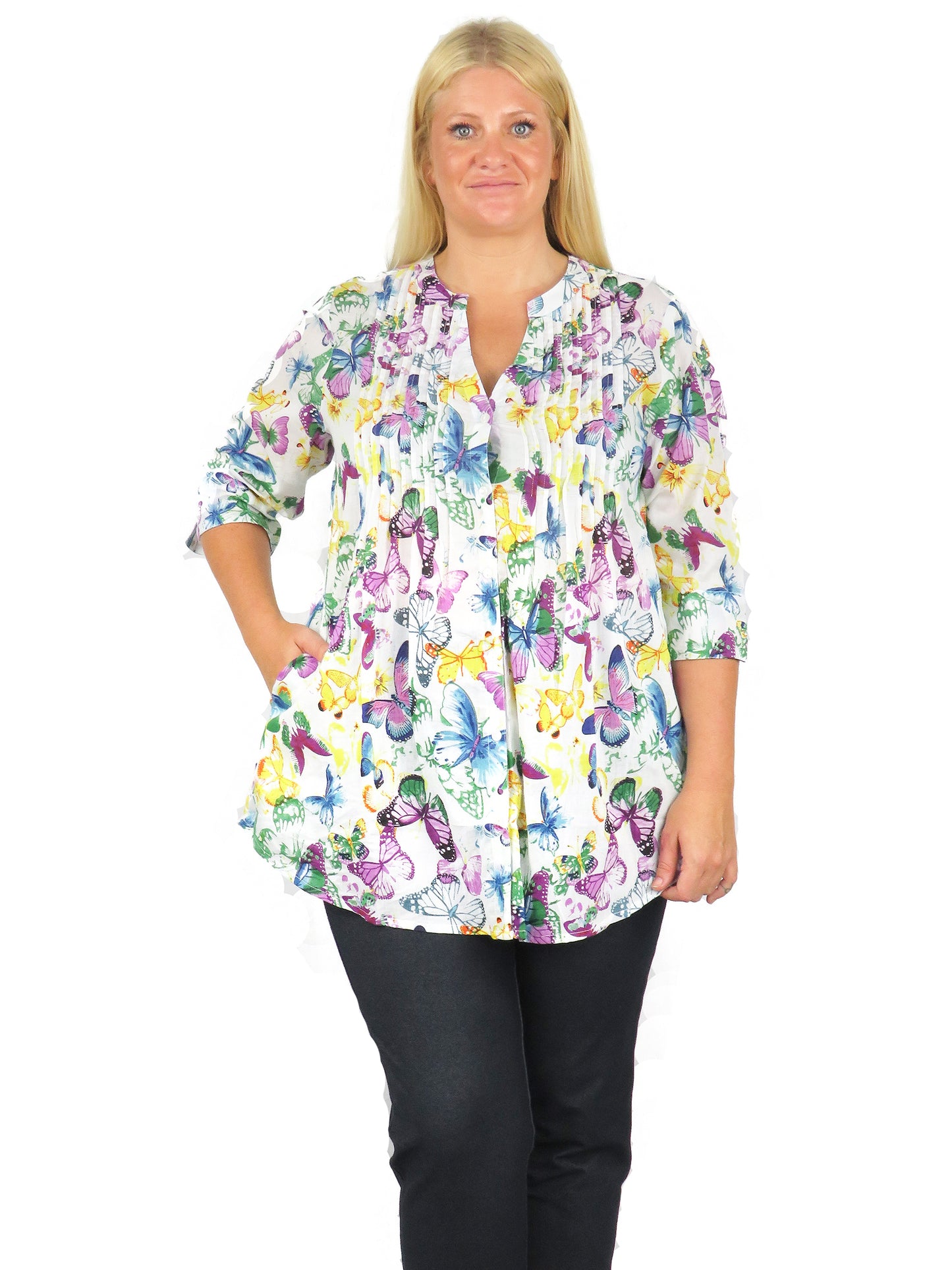 Top de algodón con estampado de mariposas en el frente plisado - Tallas grandes