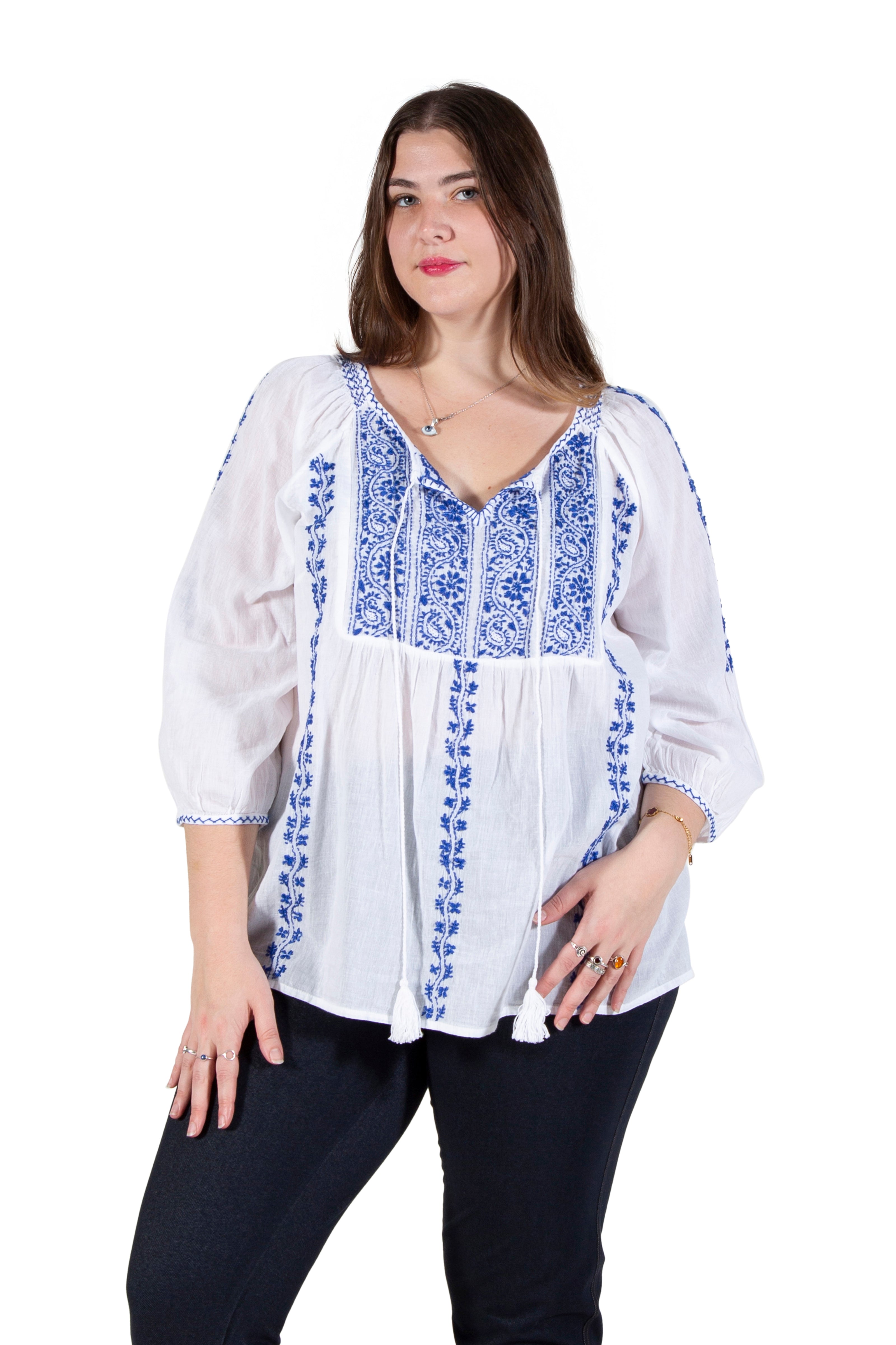 La Cera Plus Size 3/4 Sleeve Stripe Embroidered Peasant Top - La Cera