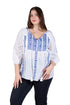 La Cera Plus Size 3/4 Sleeve Stripe Embroidered Peasant Top - La Cera