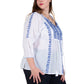 La Cera Plus Size 3/4 Sleeve Stripe Embroidered Peasant Top - La Cera