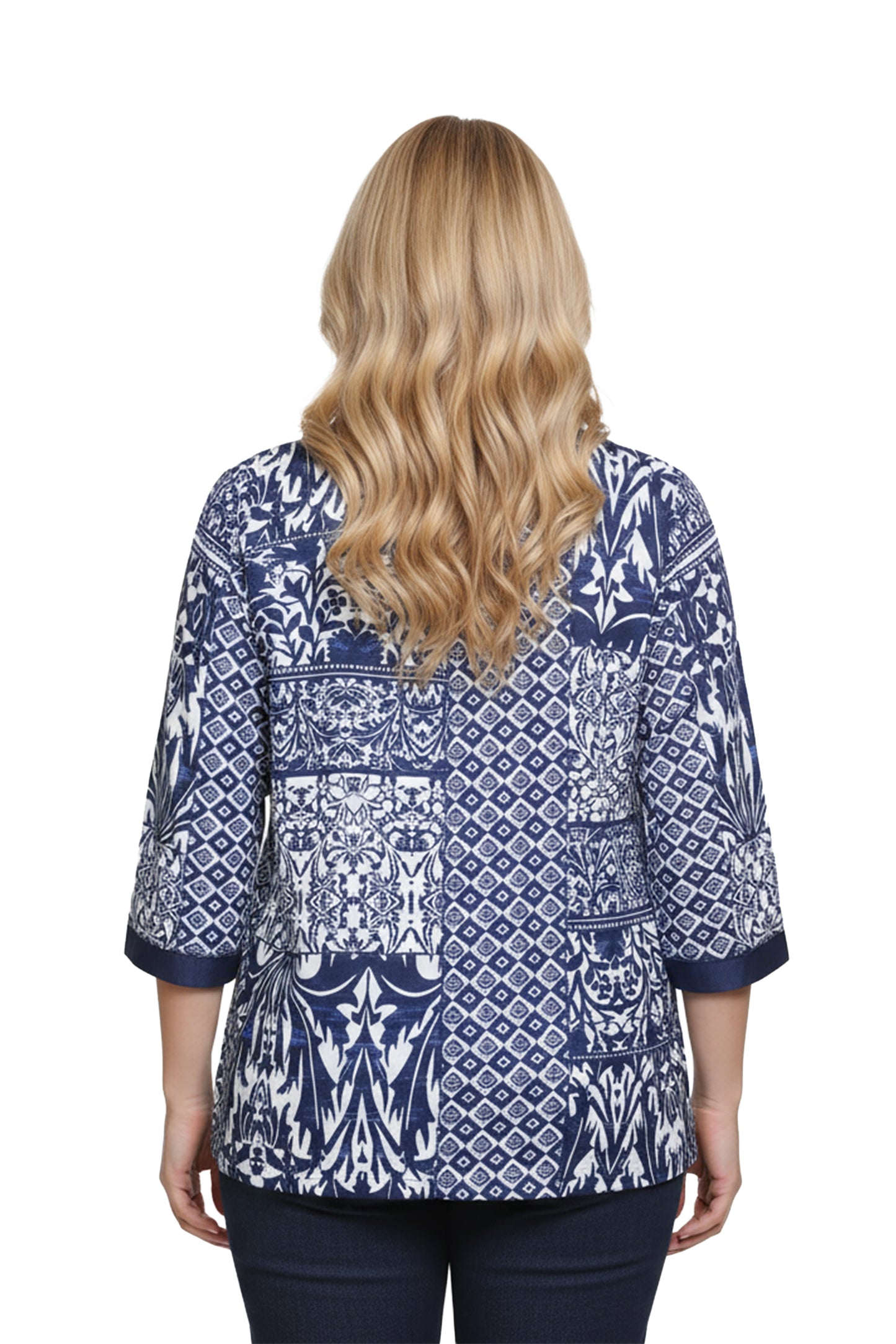 La Cera Plus Size Navy Mosaic Tile Print Top - La Cera