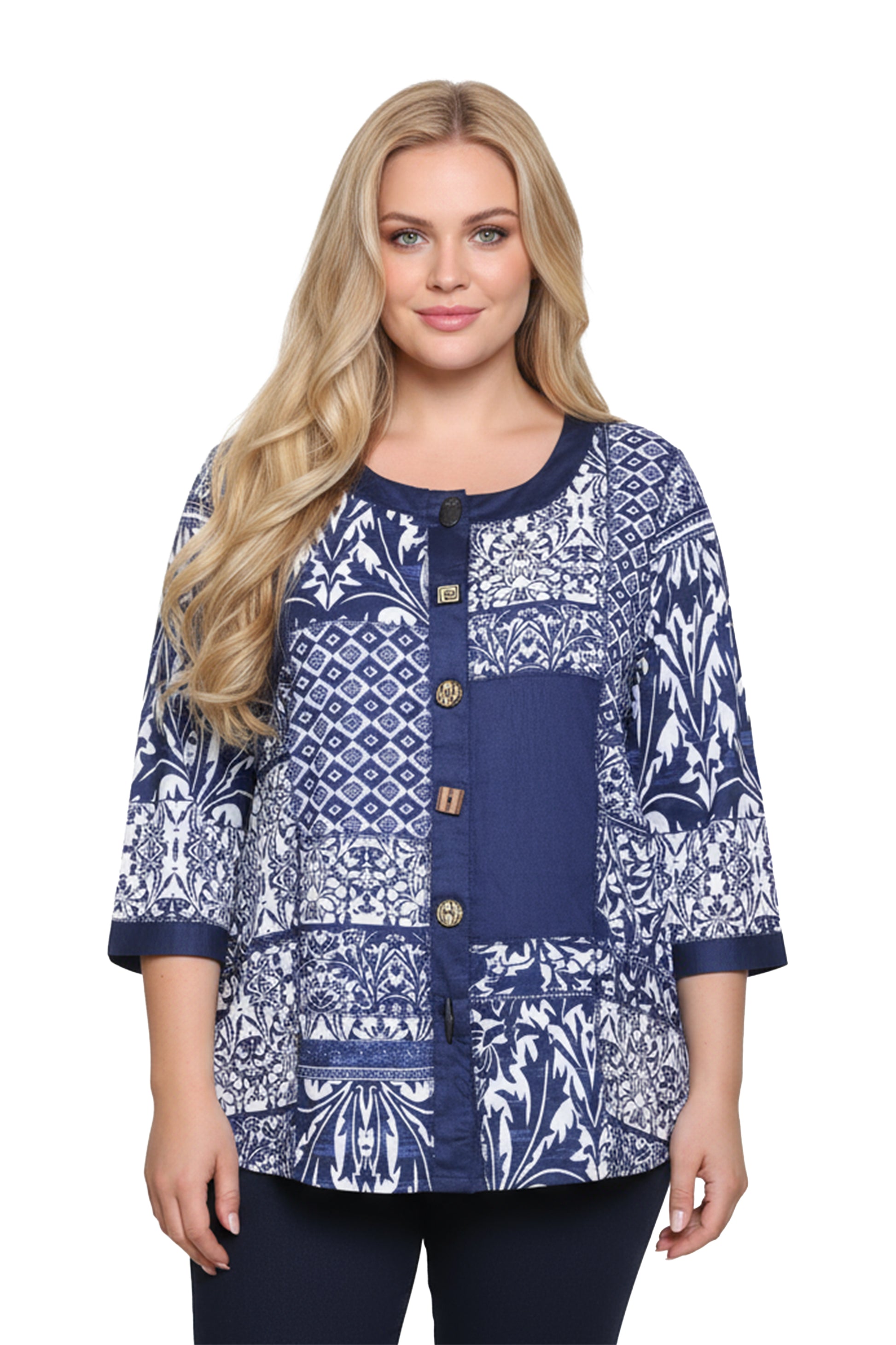 La Cera Plus Size Navy Mosaic Tile Print Top - La Cera