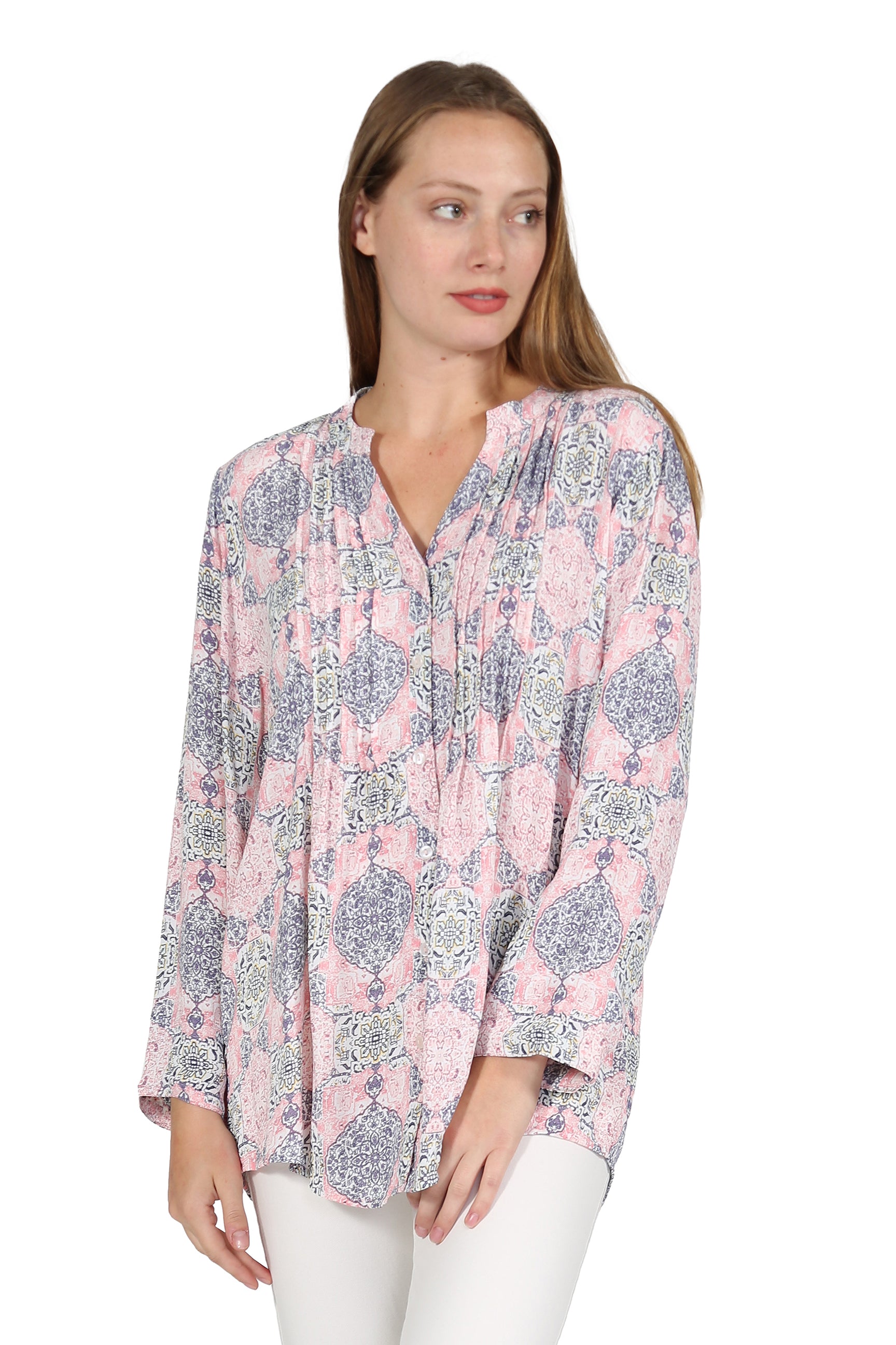 Pleat Front Printed Rayon Top - La Cera