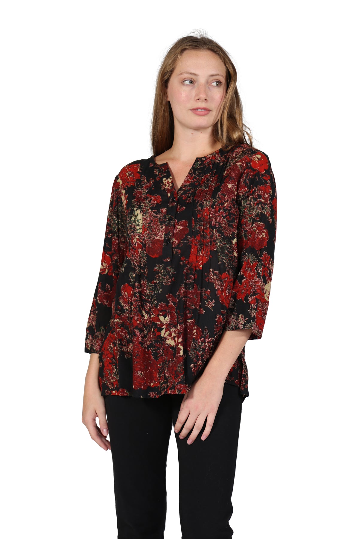 La Cera ¾ Sleeve Pleated Front Button Rayon Print Tunic