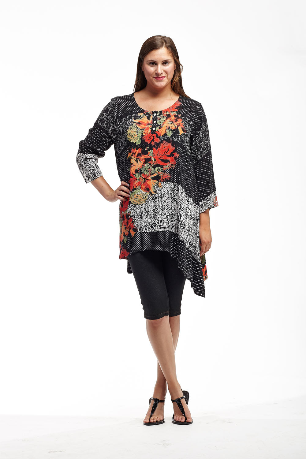 La Cera 3/4 Sleeve Asymmetric Print Rayon Top