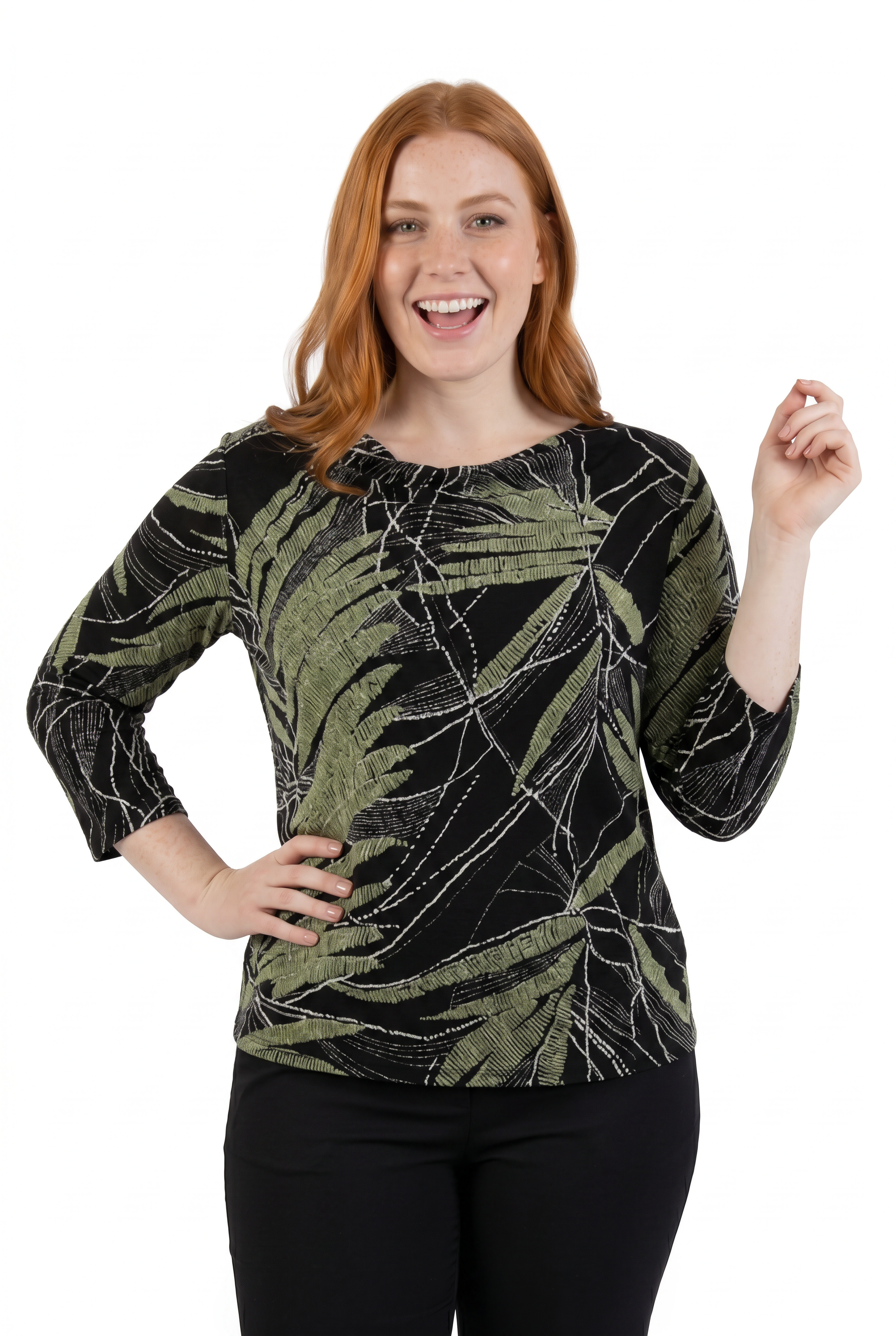 Plus Size La Cera Savannah Palm Print Cowl Neck Top - La Cera