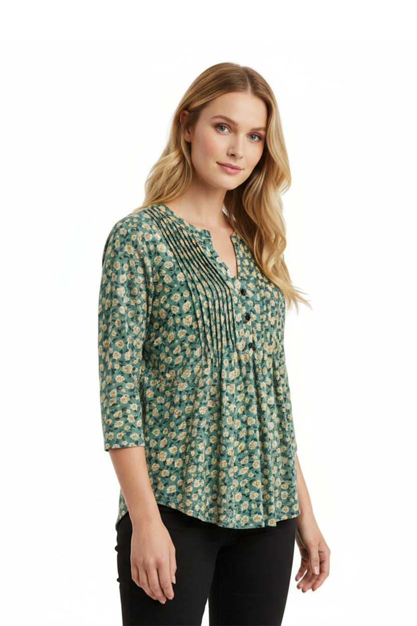 La Cera Sage Floral Pintuck Tunic - La Cera