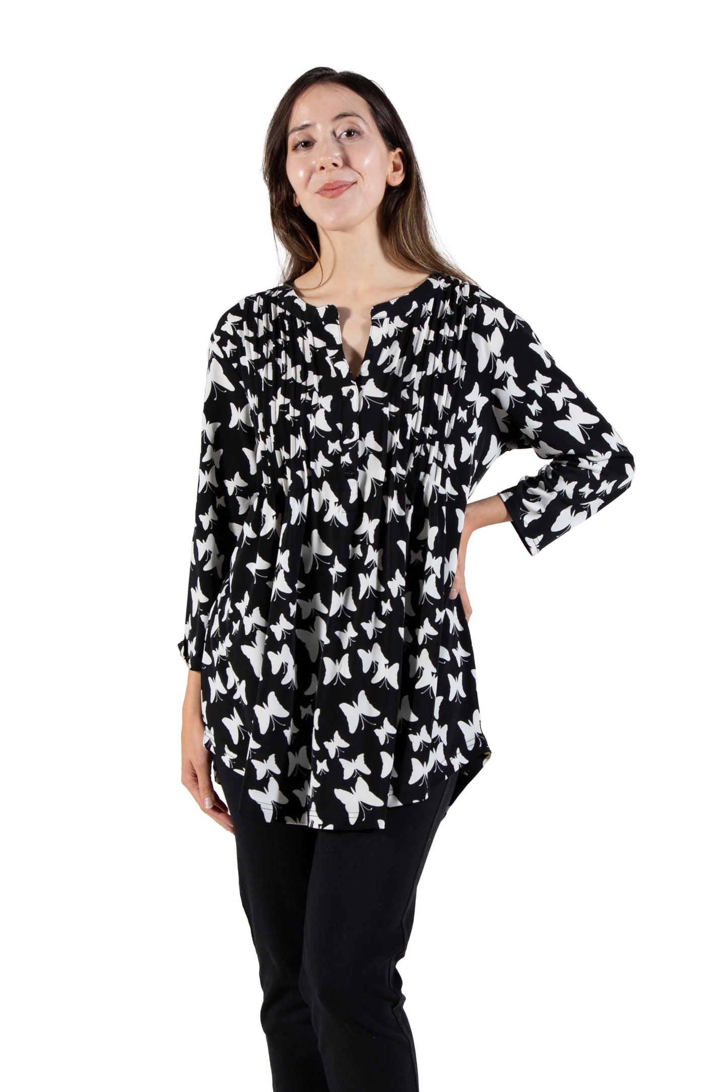 La Cera Butterfly Print Pleat Front Tunic