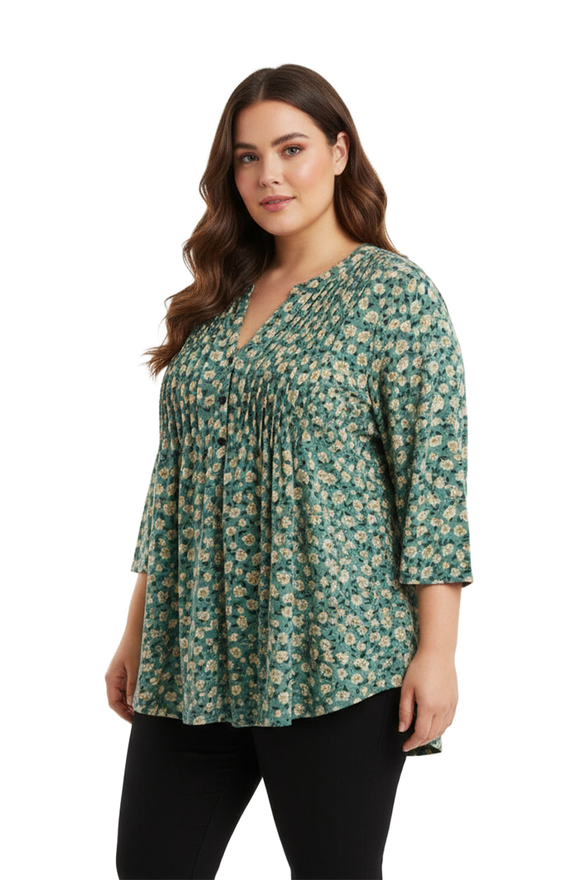 La Cera Plus Size Sage Floral Pintuck Tunic