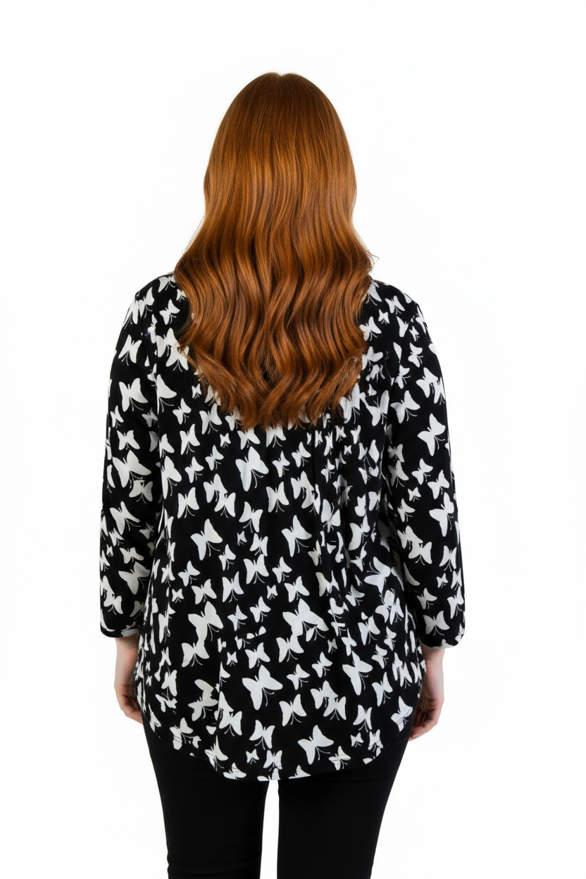 La Cera Plus Butterfly Print Pleat Front Tunic