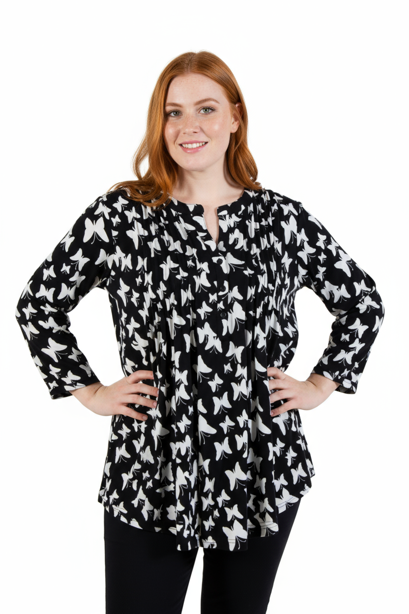 La Cera Plus Butterfly Print Pleat Front Tunic