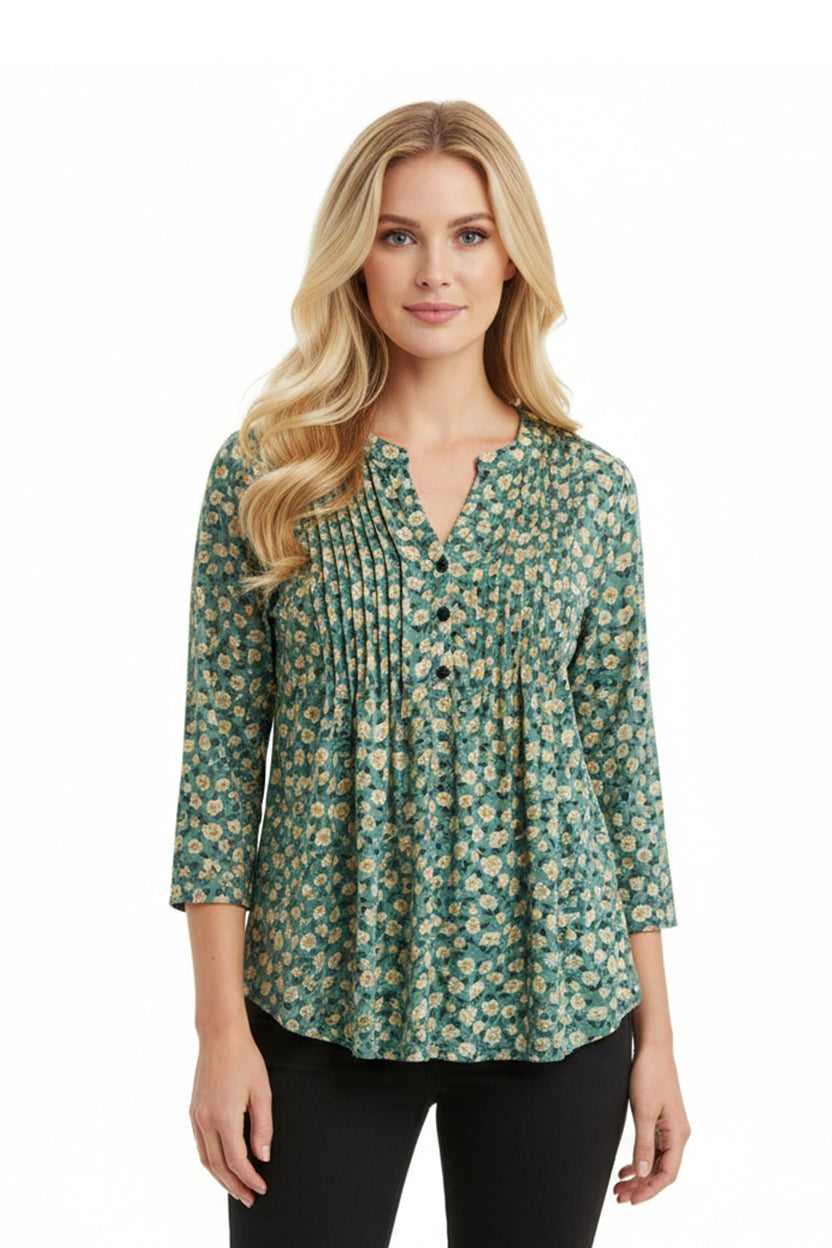 La Cera Sage Floral Pintuck Tunic - La Cera