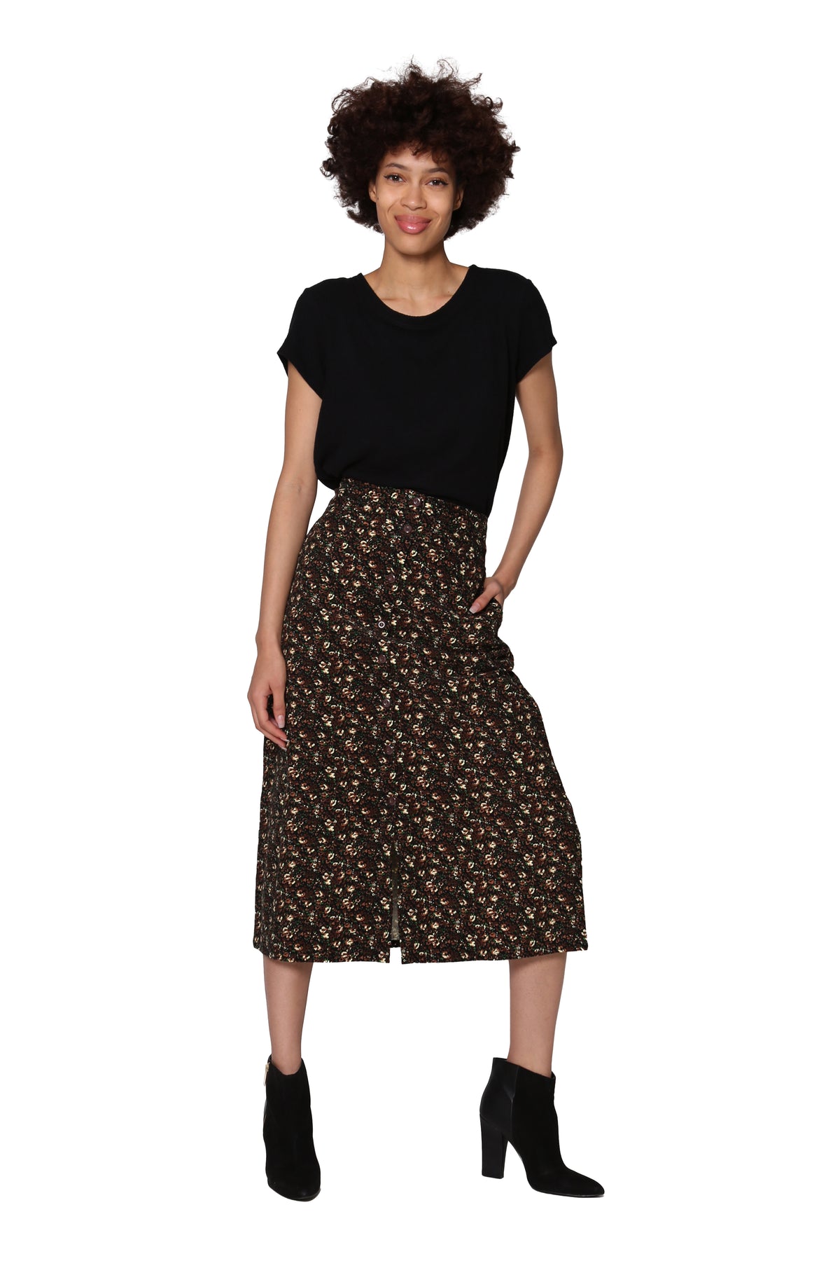 La Cera Floral Printed Cotton Corduroy Skirt - La Cera
