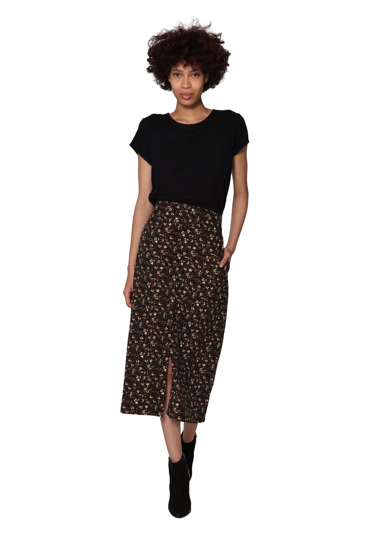 La Cera Floral Printed Cotton Corduroy Skirt - La Cera