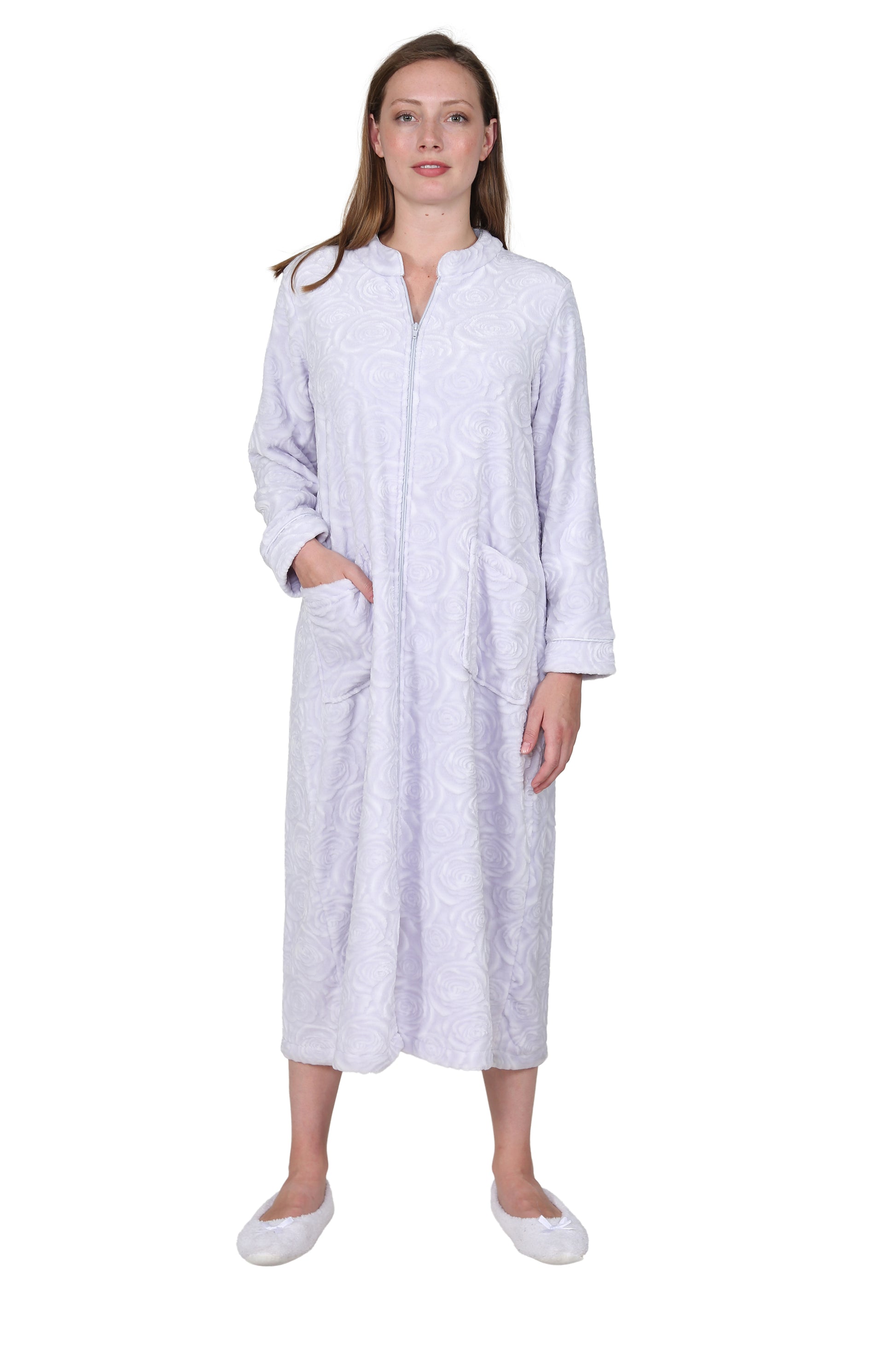 Rose Print Minky Zip Front Fleece Robe - La Cera