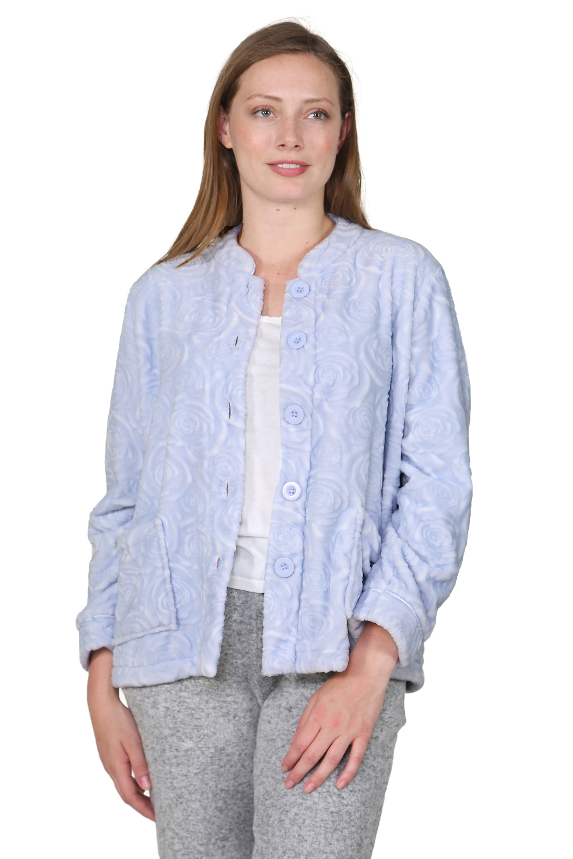 LA CERA Women's Fleece Rose Sculptured Bed Jacket - La Cera
