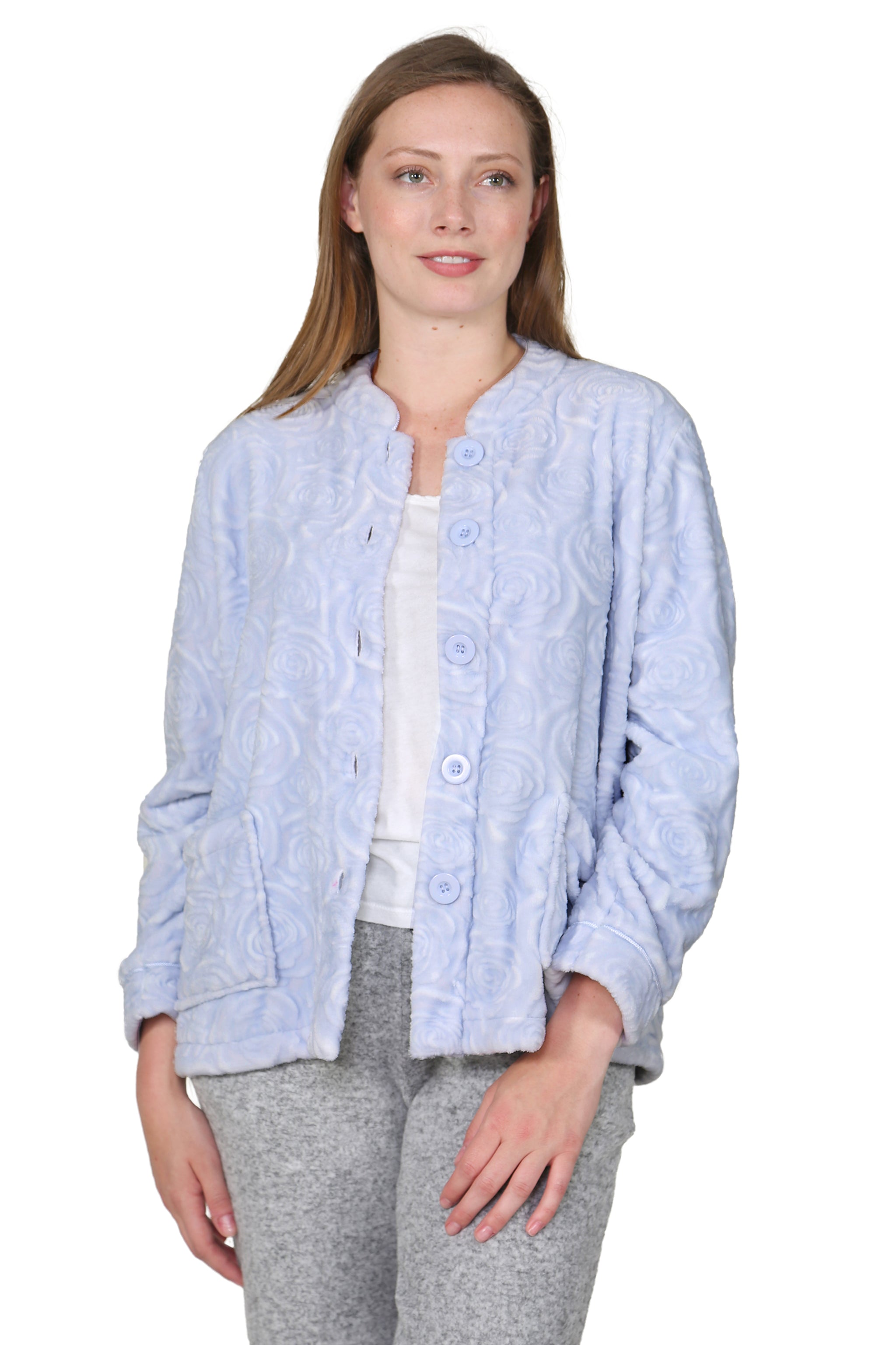 LA CERA Women's Fleece Rose Sculptured Bed Jacket - La Cera