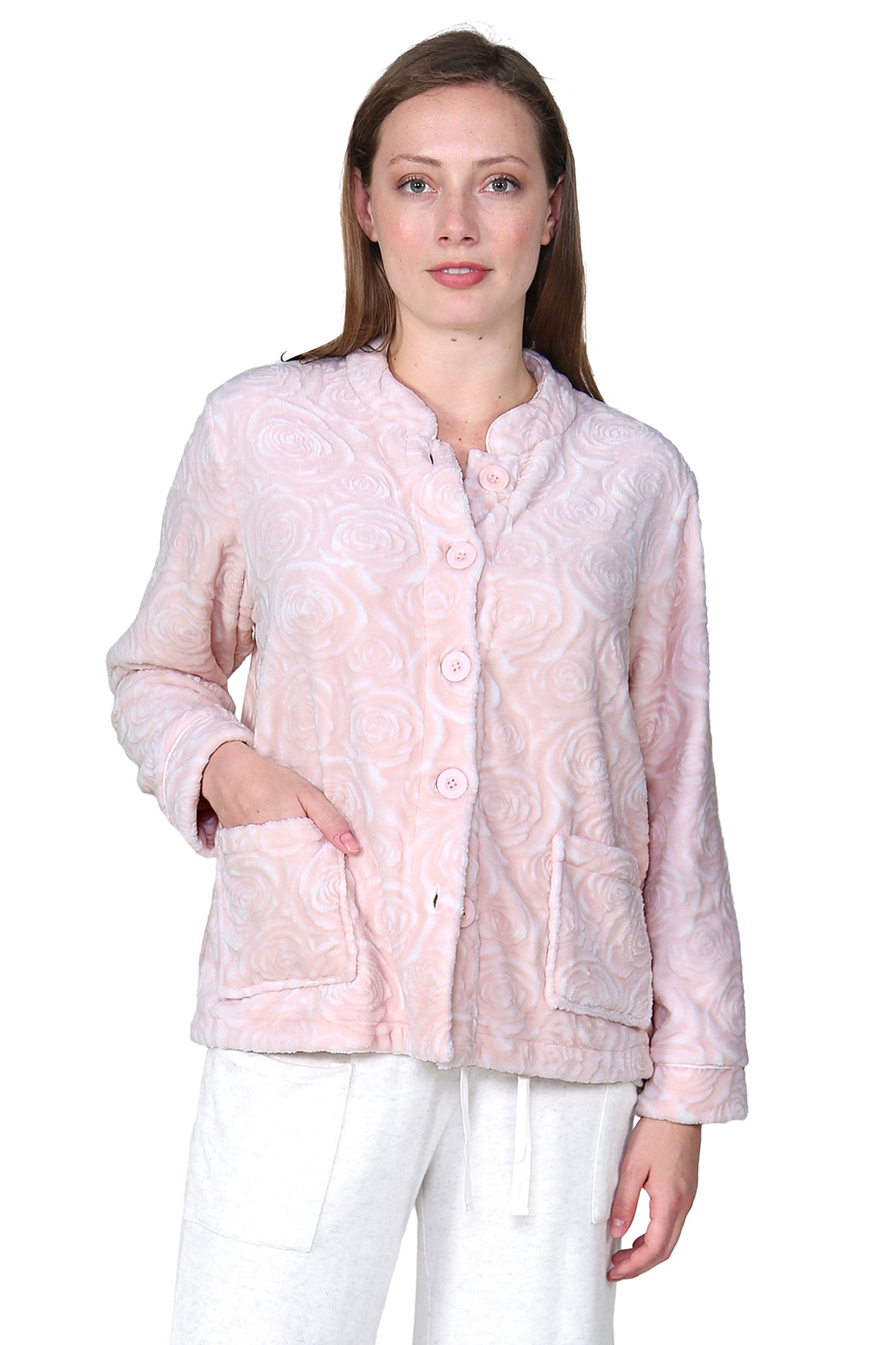 LA CERA Women's Fleece Rose Sculptured Bed Jacket - La Cera